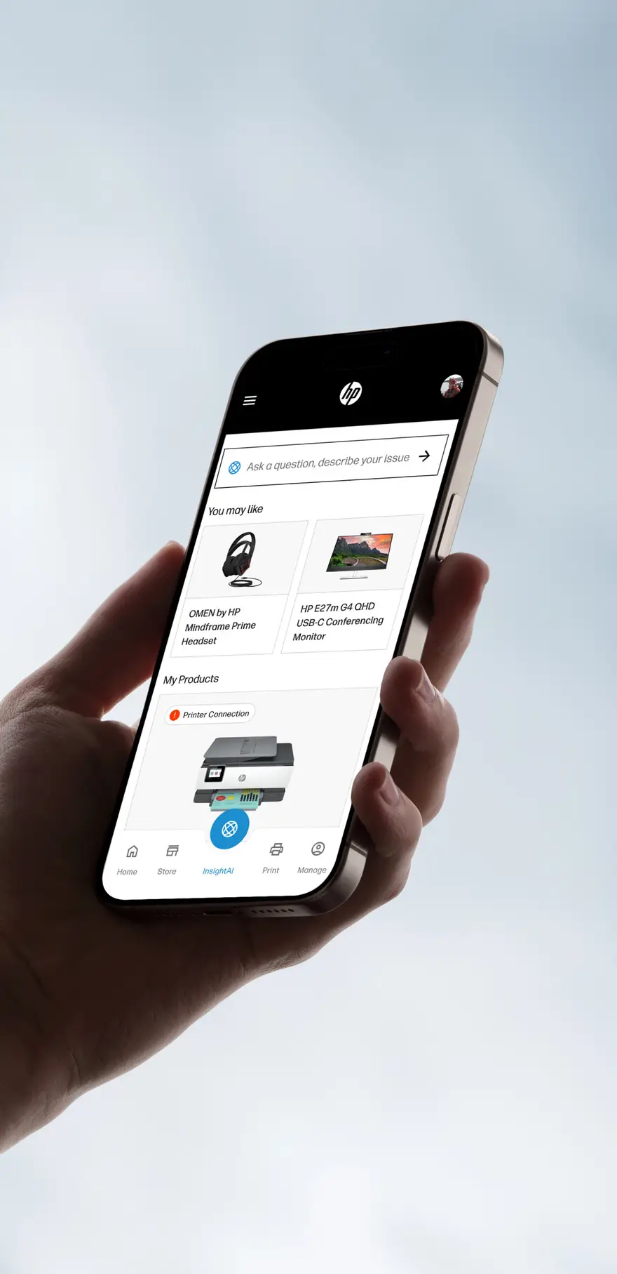 Hand holding a phone showing the HP support app home with the InsightAI assistant and product recommendations