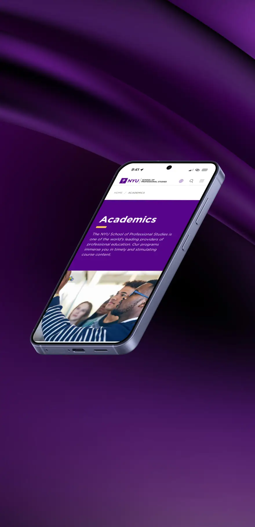 Phone showing the NYU School of Professional Studies academics page against a purple backdrop