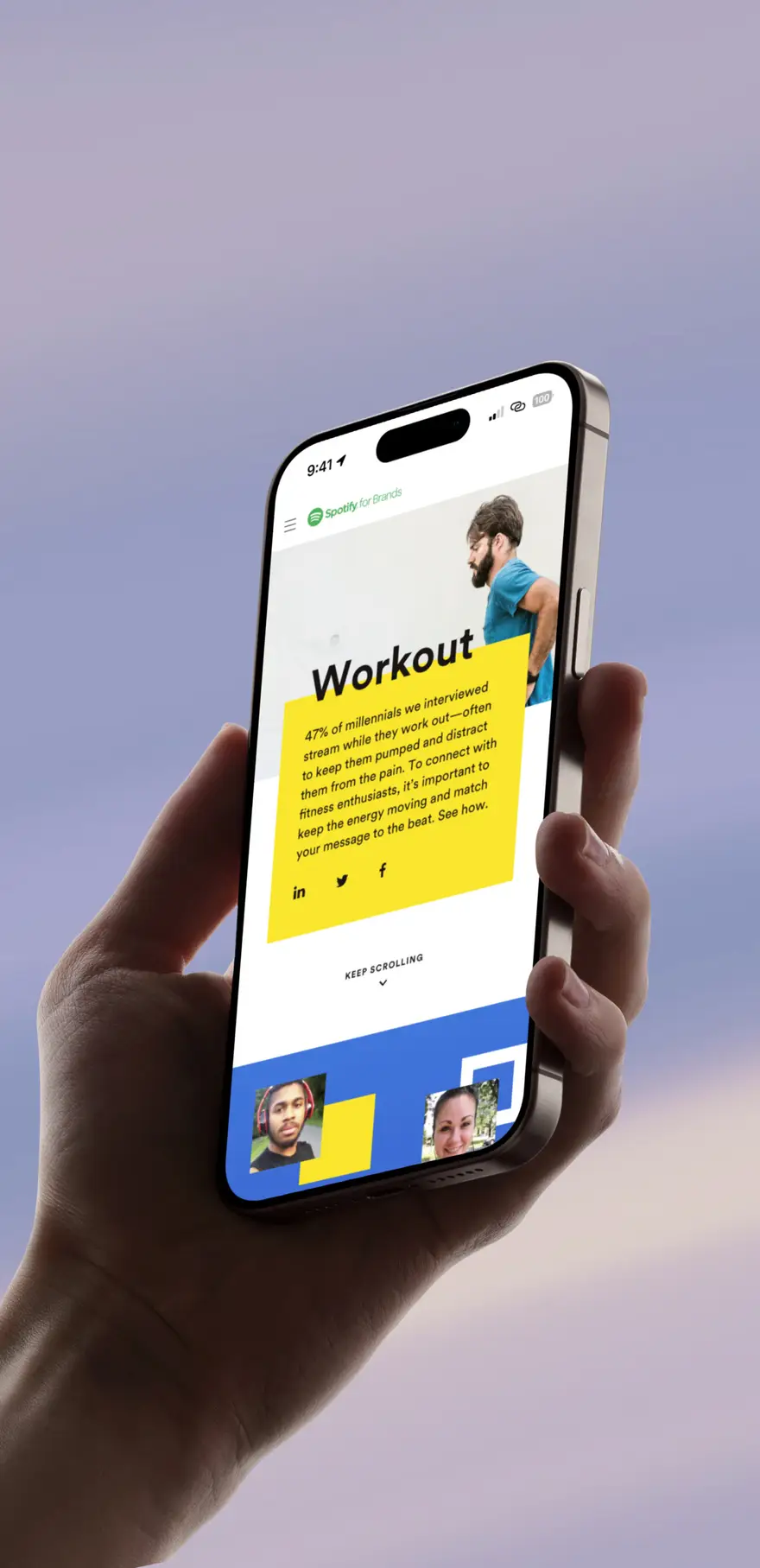 Hand holding a phone showing the Spotify for Brands “Workout” page