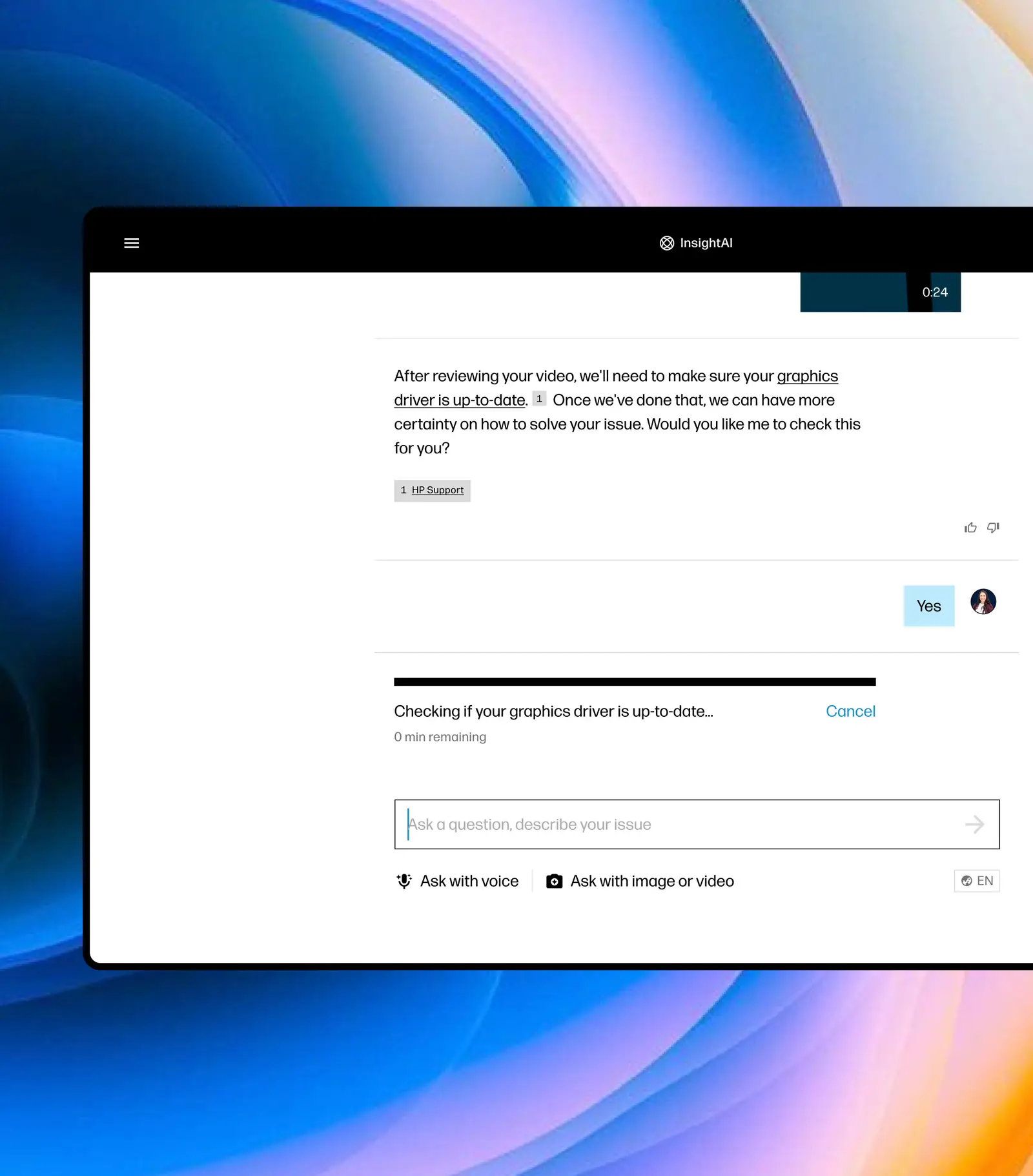HP’s InsightAI chat assistant troubleshooting a graphics-driver issue in a desktop browser