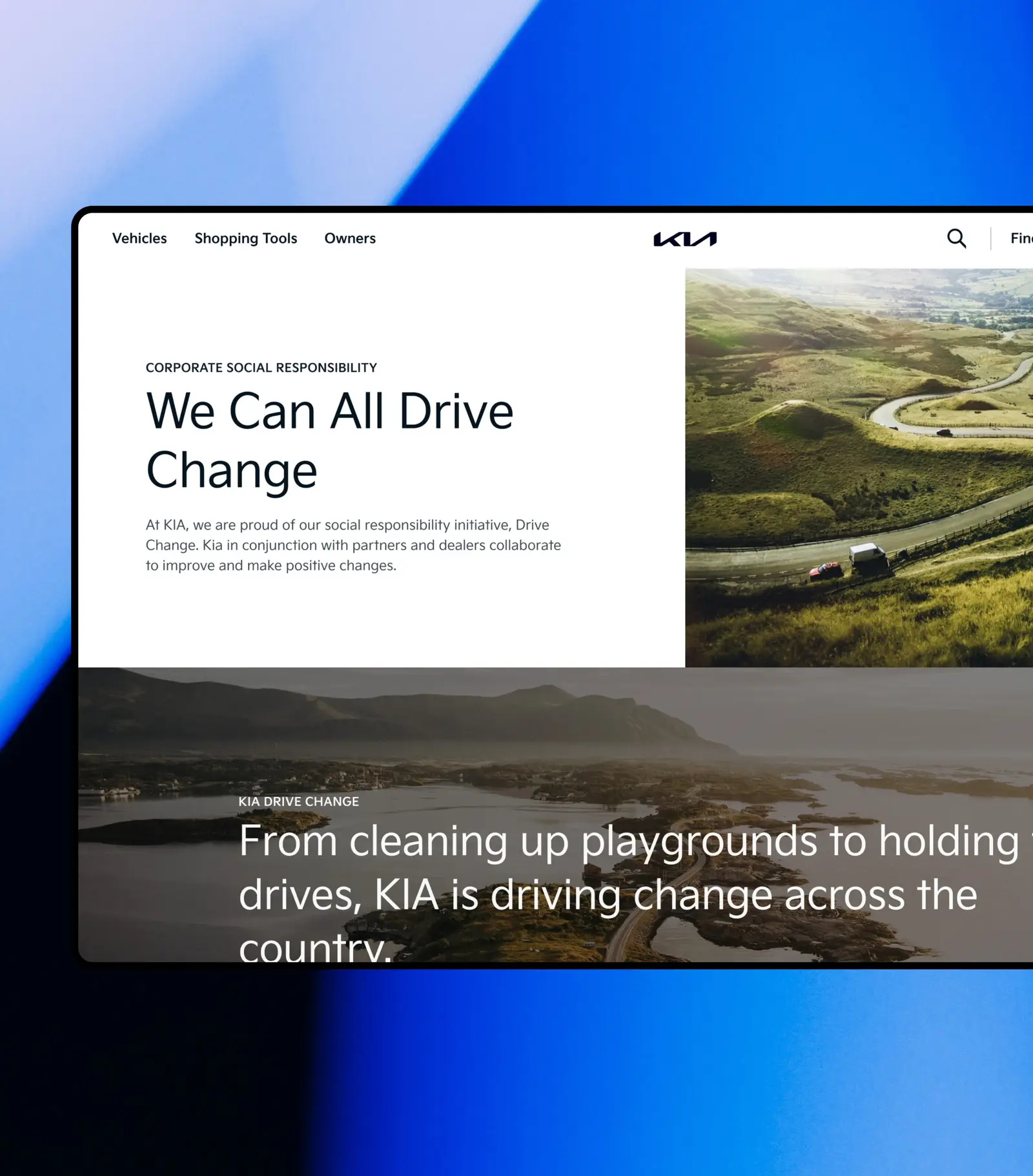 Desktop view of Kia’s “We Can All Drive Change” social-responsibility page with rolling green hills