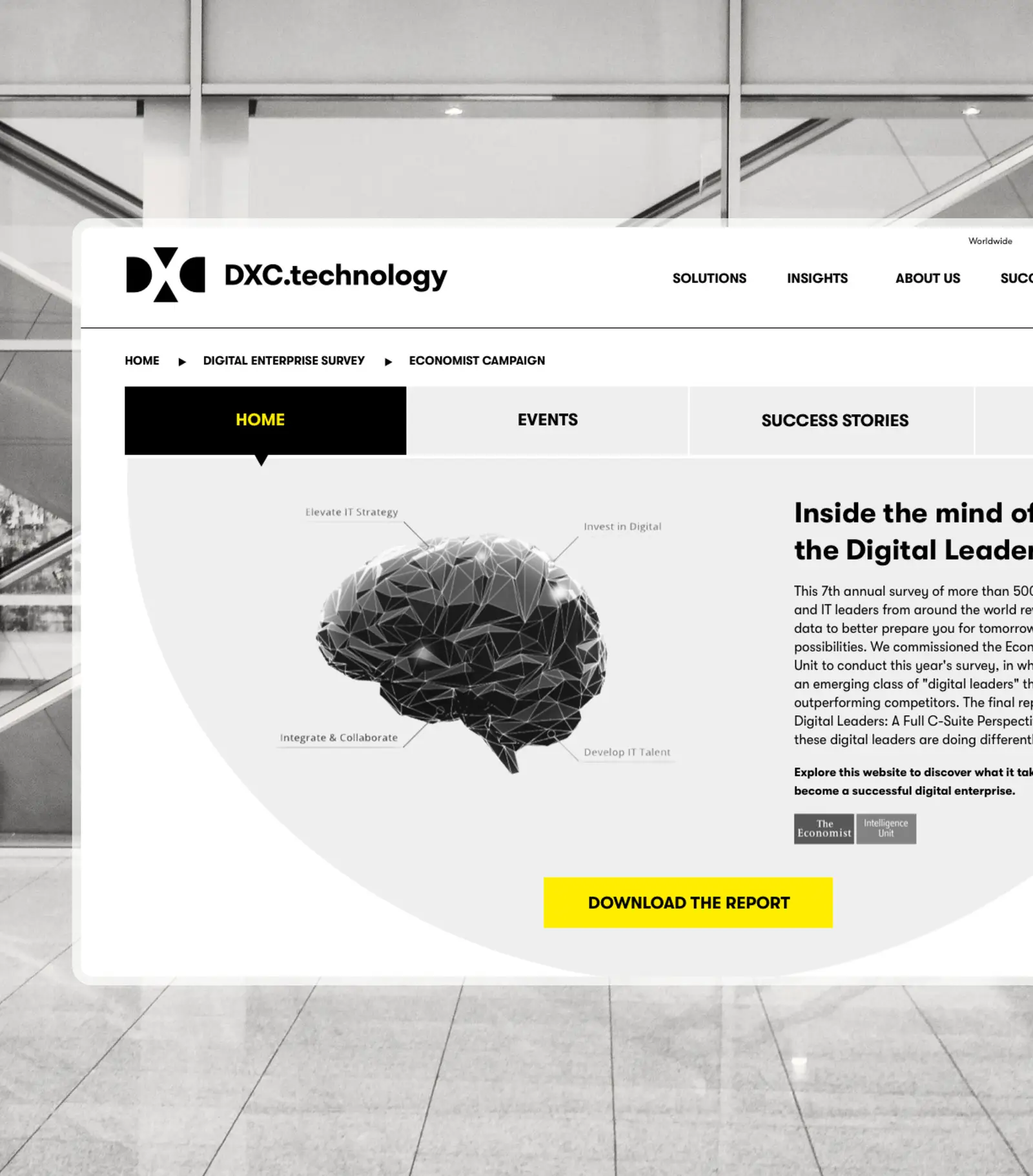 Desktop browser showing DXC’s Digital Leaders survey page with a polygonal brain graphic