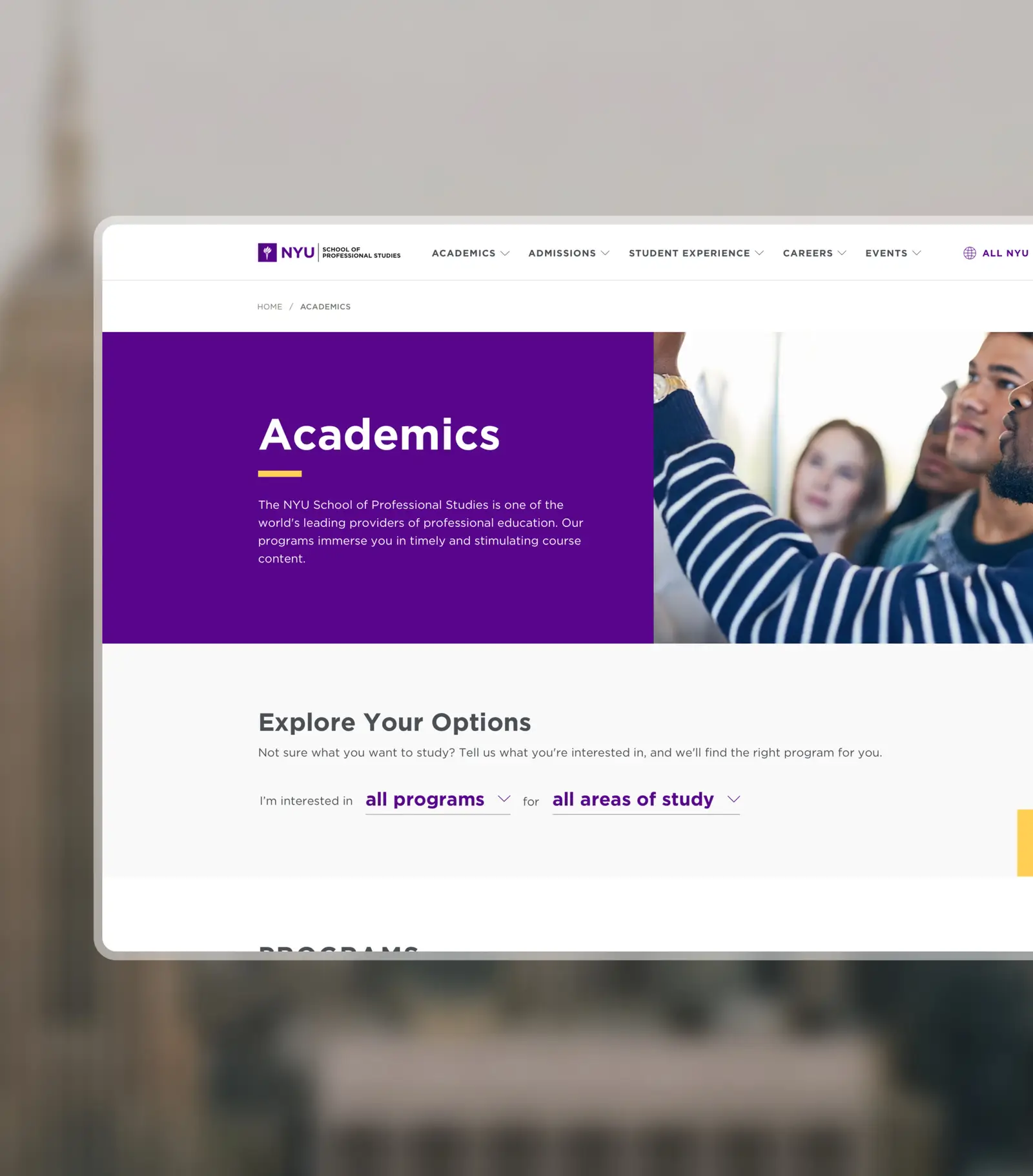 Desktop browser showing the NYU School of Professional Studies academics page