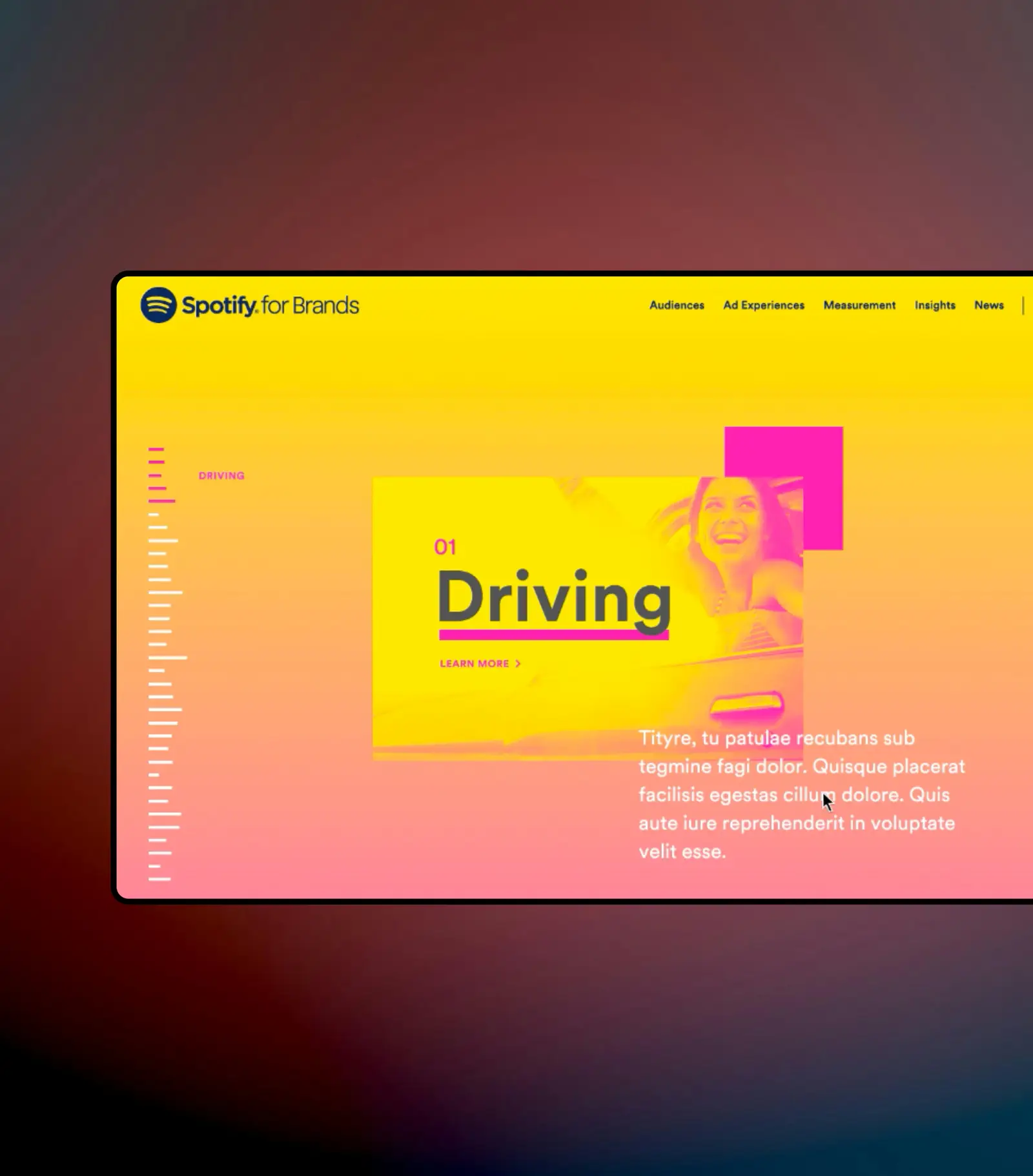 Desktop browser showing the Spotify for Brands “Driving” page with a woman riding in a convertible