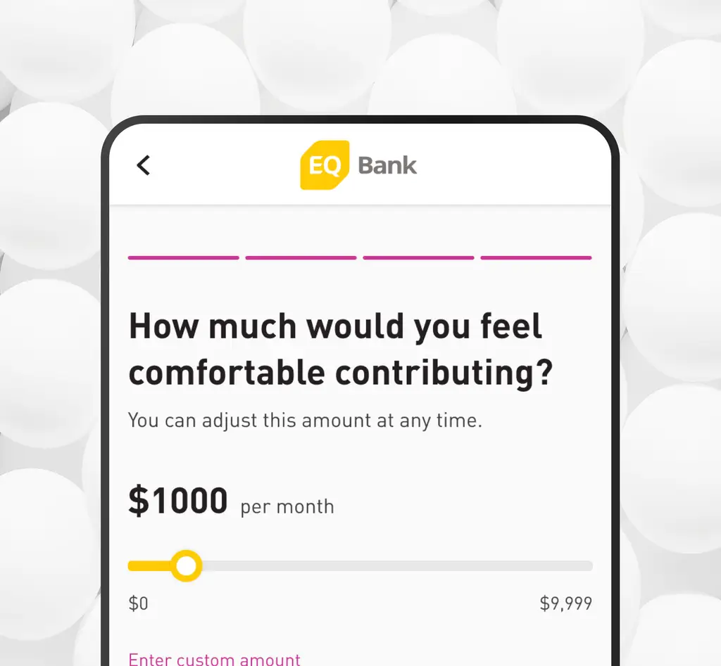 EQ Bank app screen asking how much the customer would feel comfortable contributing