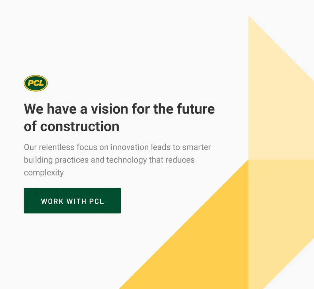PCL “We have a vision for the future of construction” feature card with a Work with us button