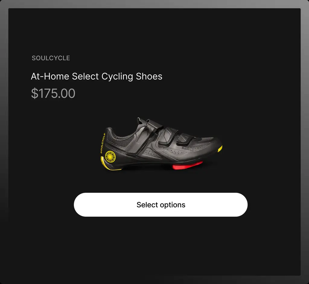 Product page for the At-Home Select Cycling Shoes priced at $175 on a black background