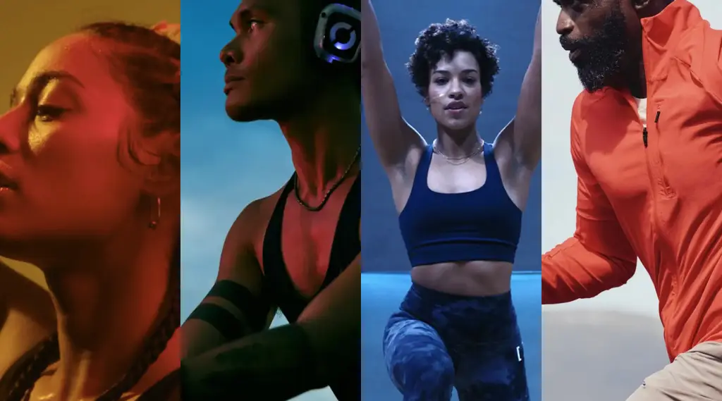 Grid of four athletes in motion under coloured studio lighting