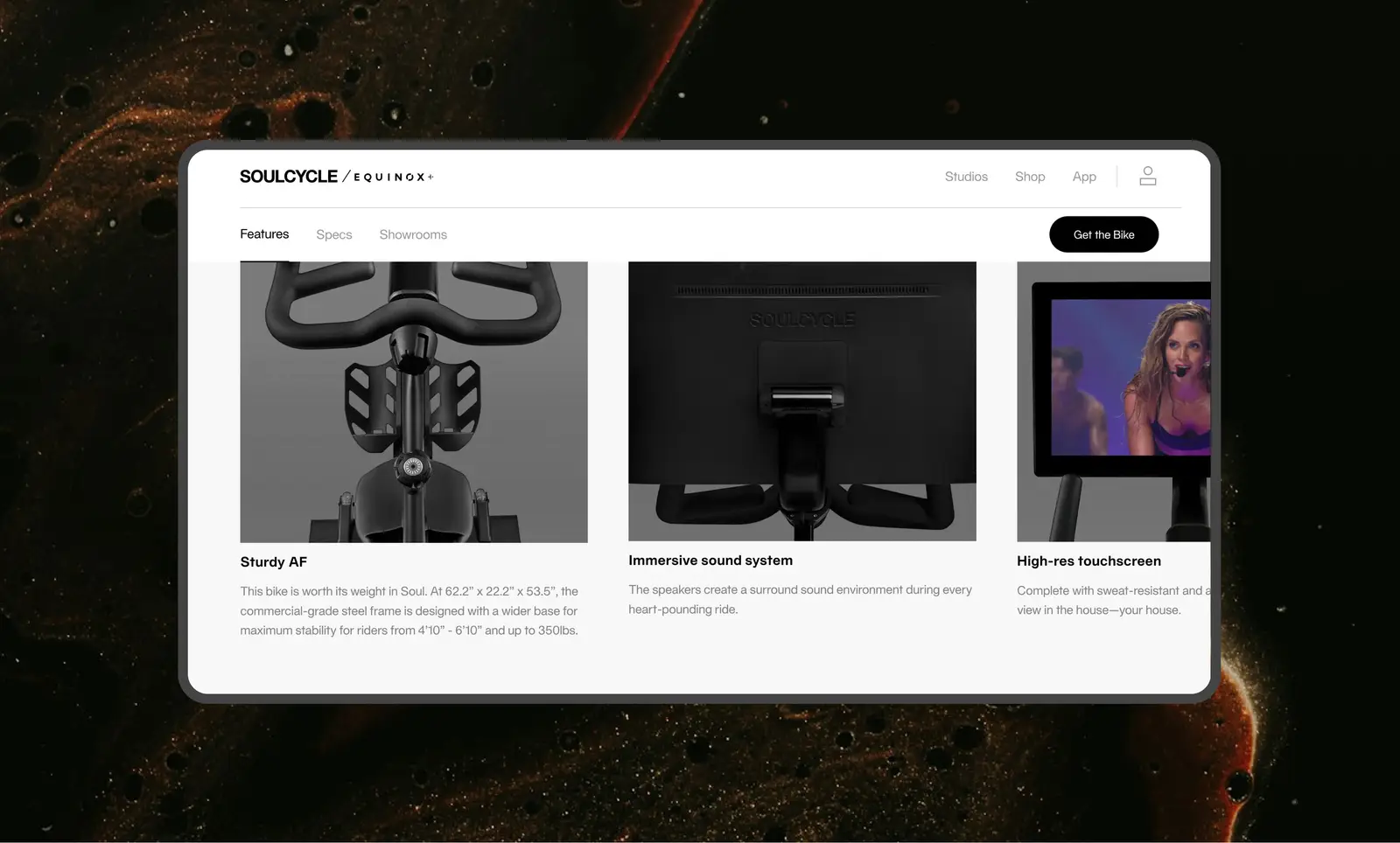 The Equinox+ store website shown on a dark background