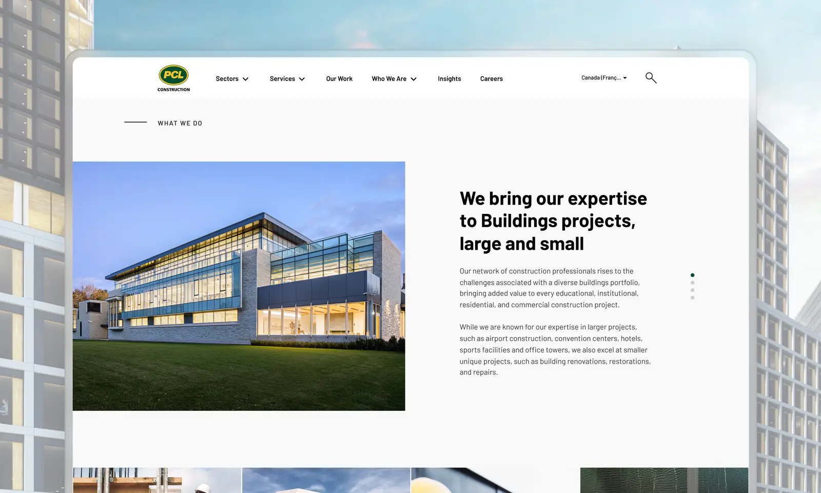 The PCL website shown on a light background