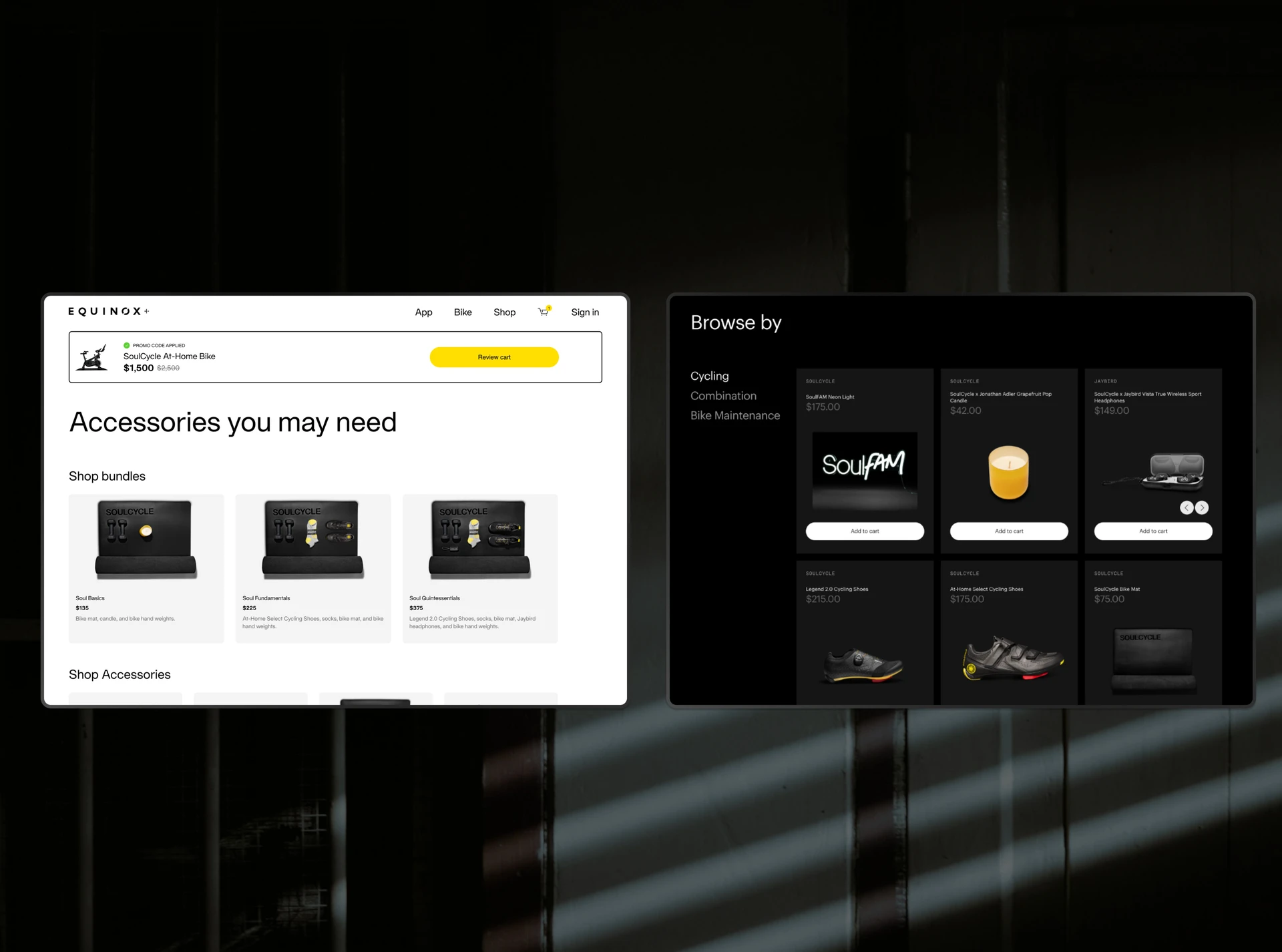 Equinox+ checkout cart with accessory bundles beside the SoulCycle product browser