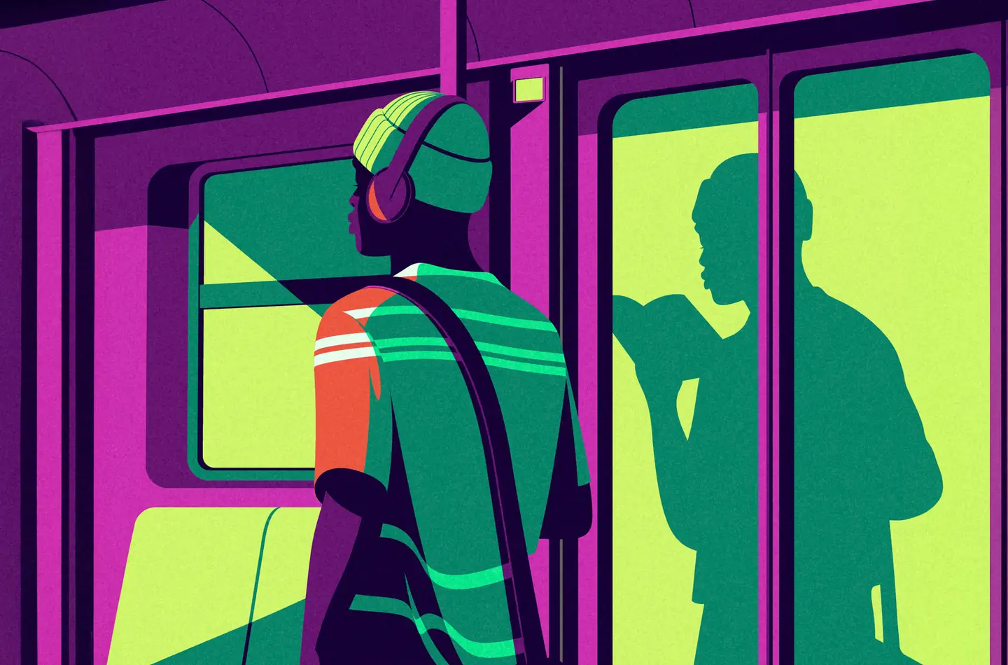 Stylized illustration of a commuter wearing headphones on a bus, their profile reflected in the window