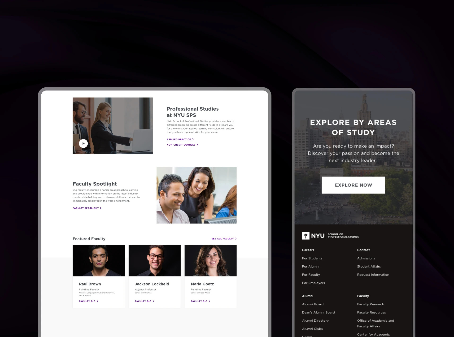 Phone and laptop mockups of the NYU site showing a faculty spotlight and a programs explorer