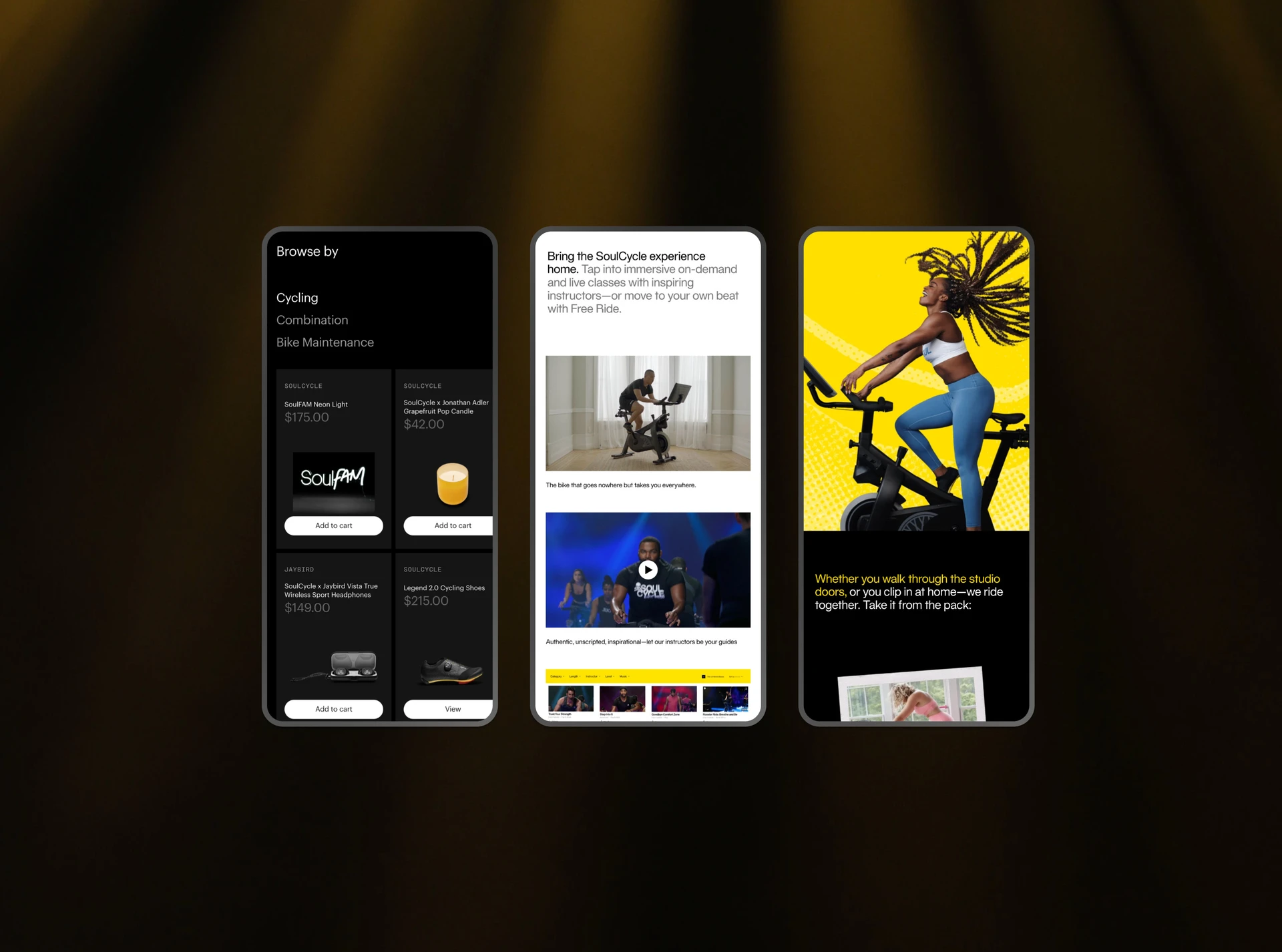 Three phone screens for the SoulCycle at-home experience: shop browsing, on-demand classes and a rider on the bike