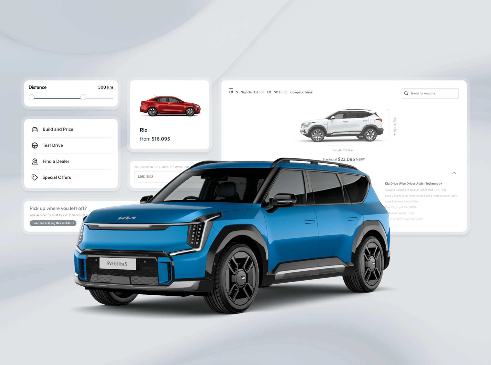 Kia website screens with a blue EV9 SUV rendering alongside build-and-price and trim-comparison tools