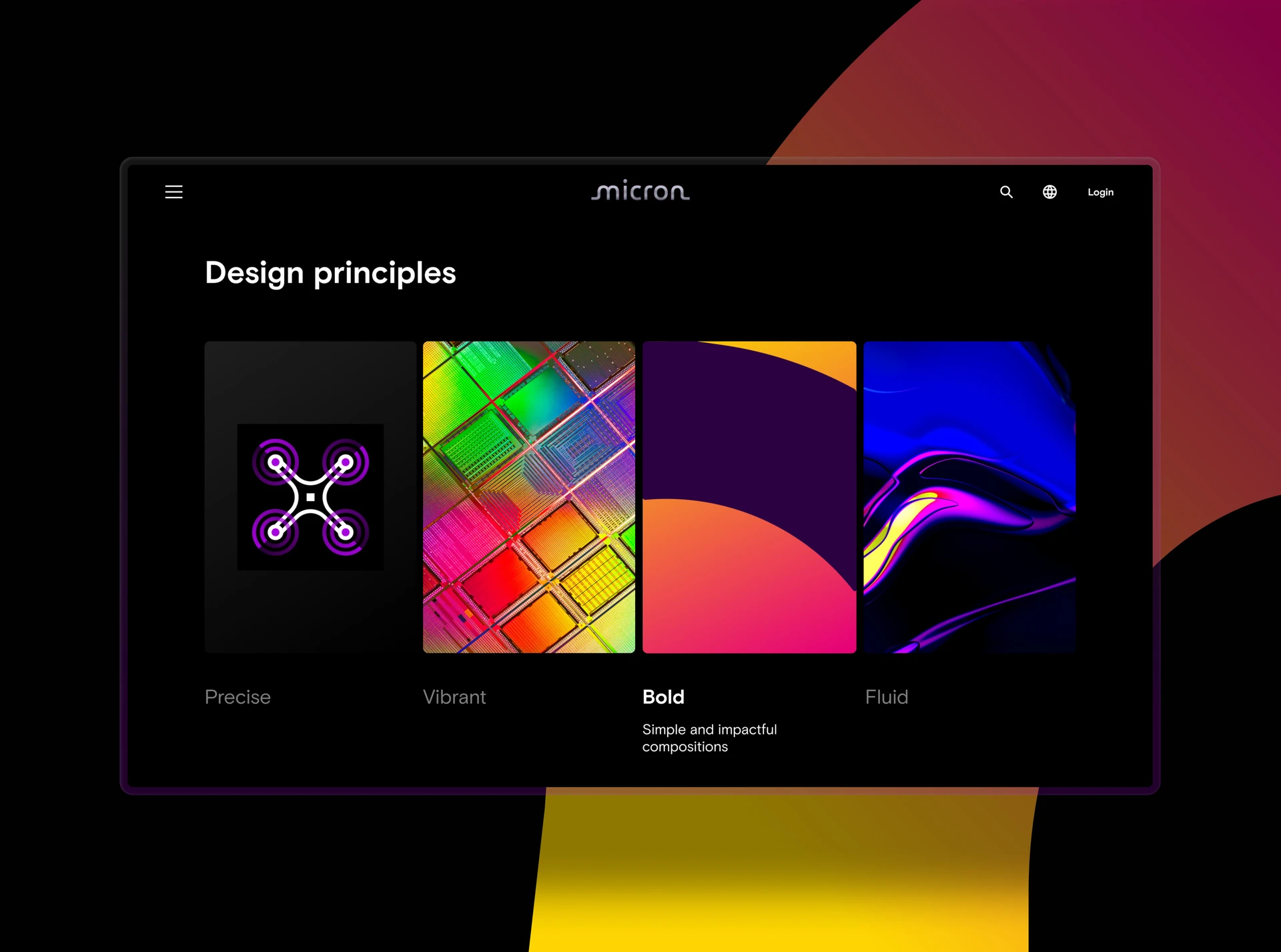 Micron brand design-principles screen showing Precise, Vibrant, Bold and Fluid tiles in vivid gradients