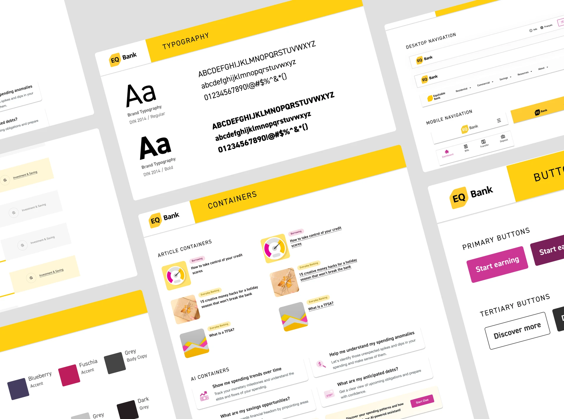 EQ Bank design system board showing typography, navigation, containers, buttons and the colour palette