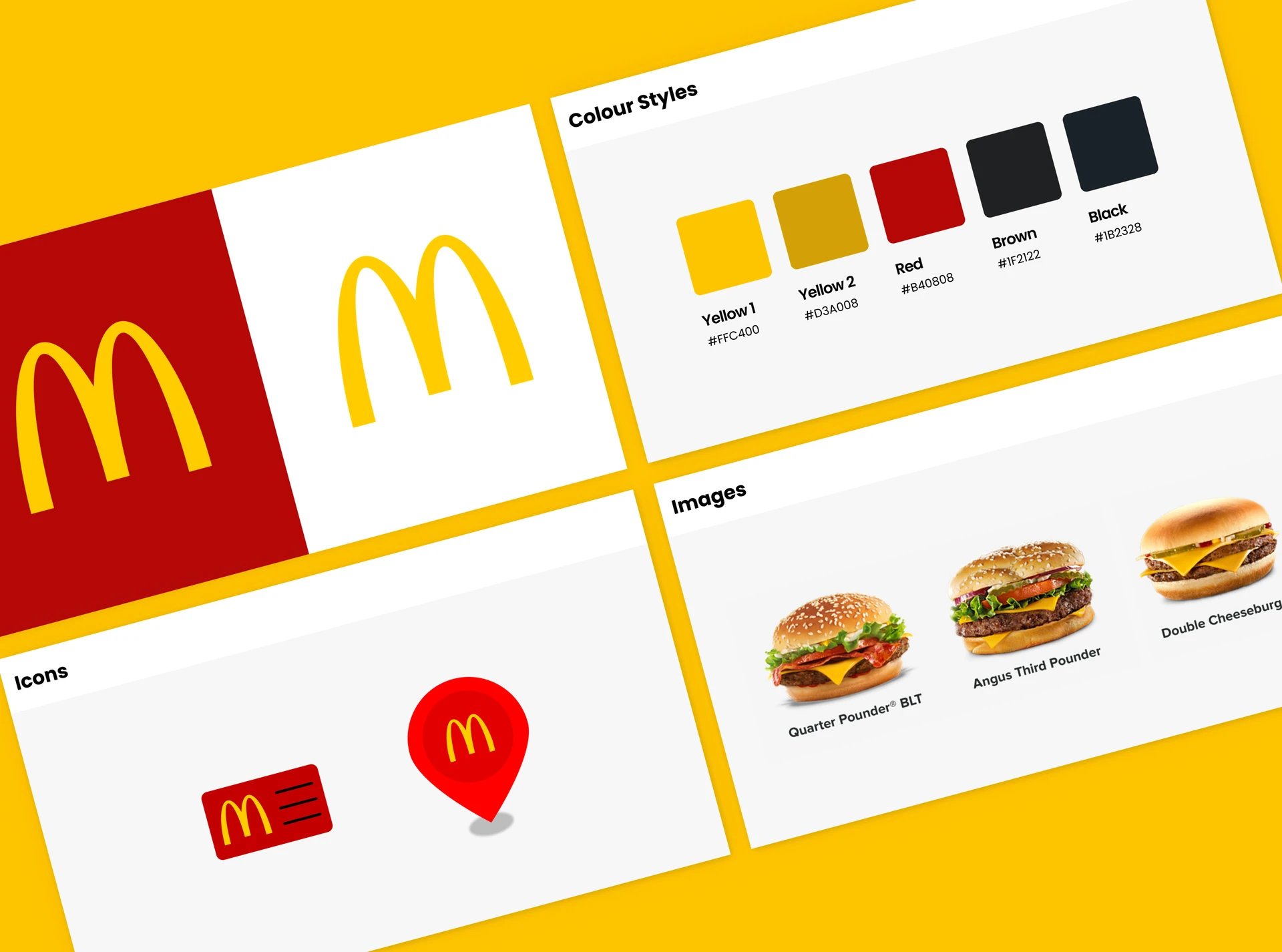 Brand style guide laying out the golden arches logo, colour palette, app icons and menu photography