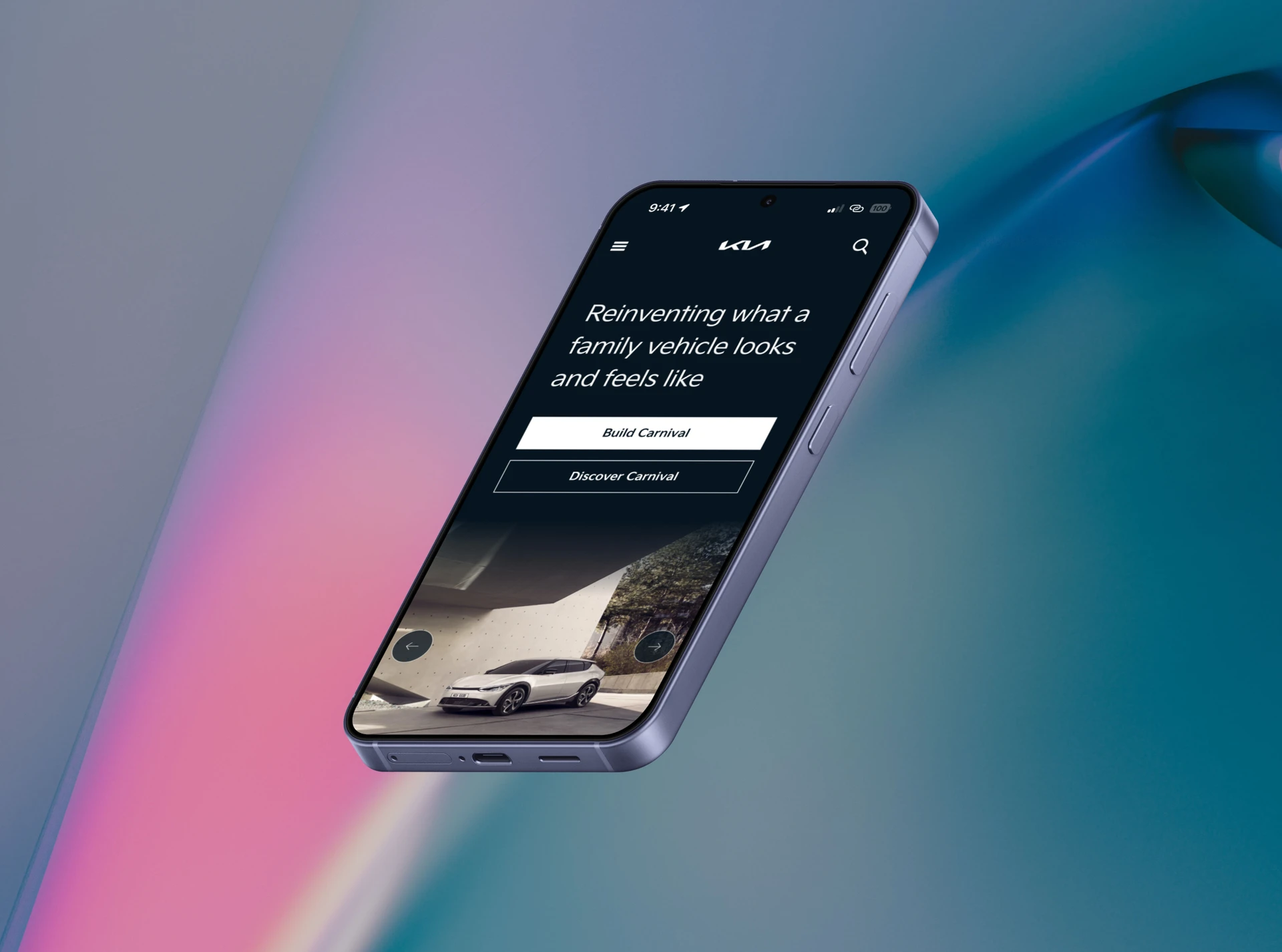 Phone showing the Kia Carnival page on a colourful gradient backdrop