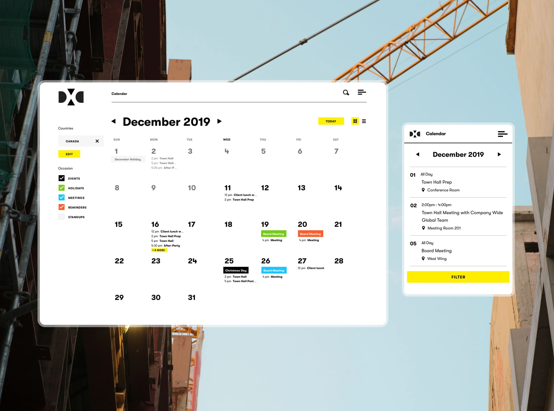 Desktop and tablet mockups of the DXC calendar and events interface over a construction-crane backdrop