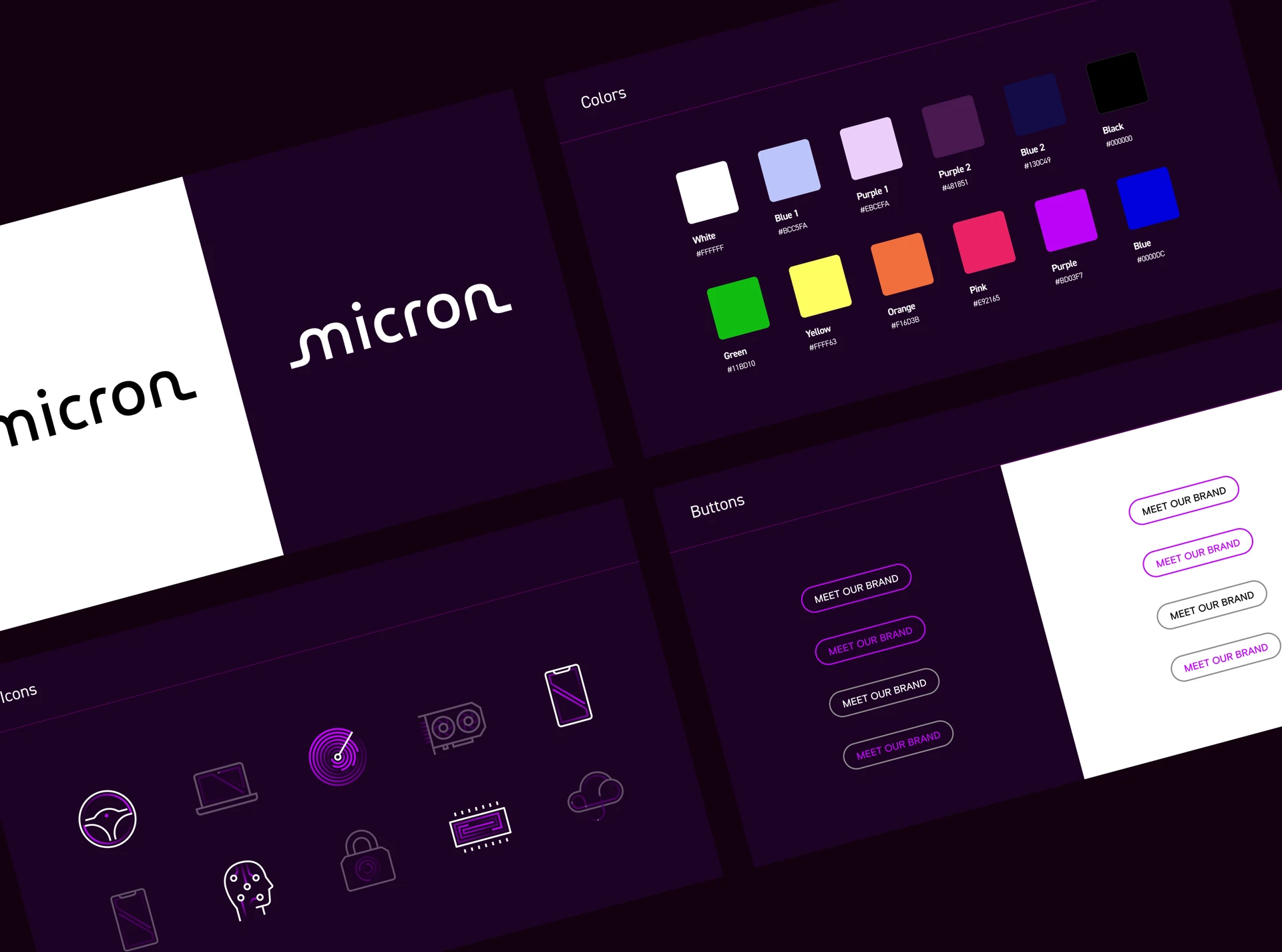 Micron brand style guide showing the wordmark, colour palette, iconography and button styles