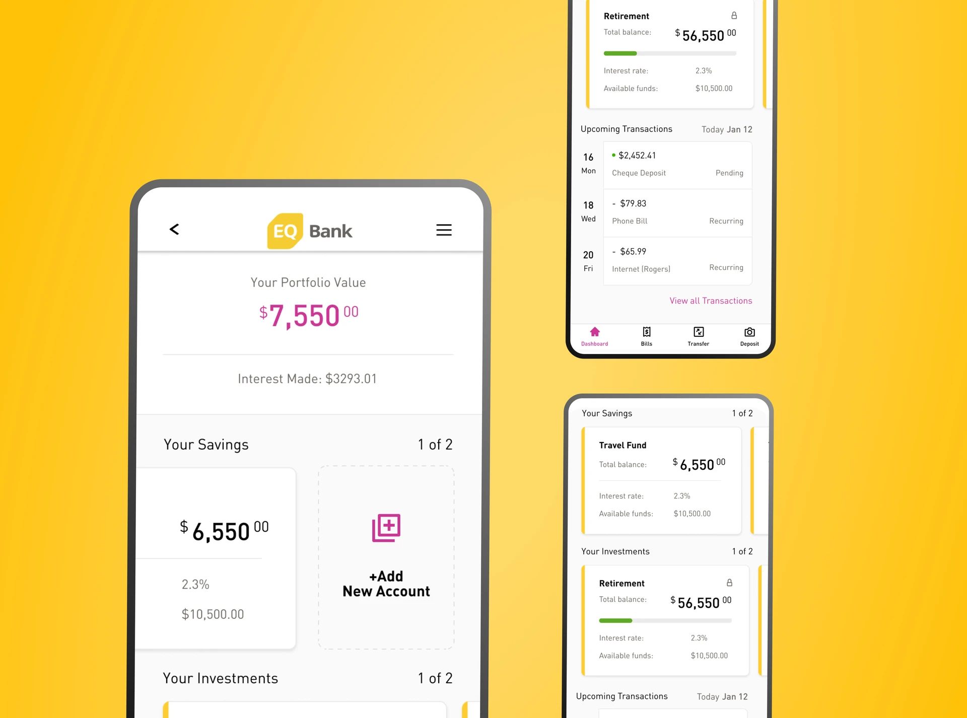Three EQ Bank app screens showing portfolio value, savings and investments, and upcoming transactions