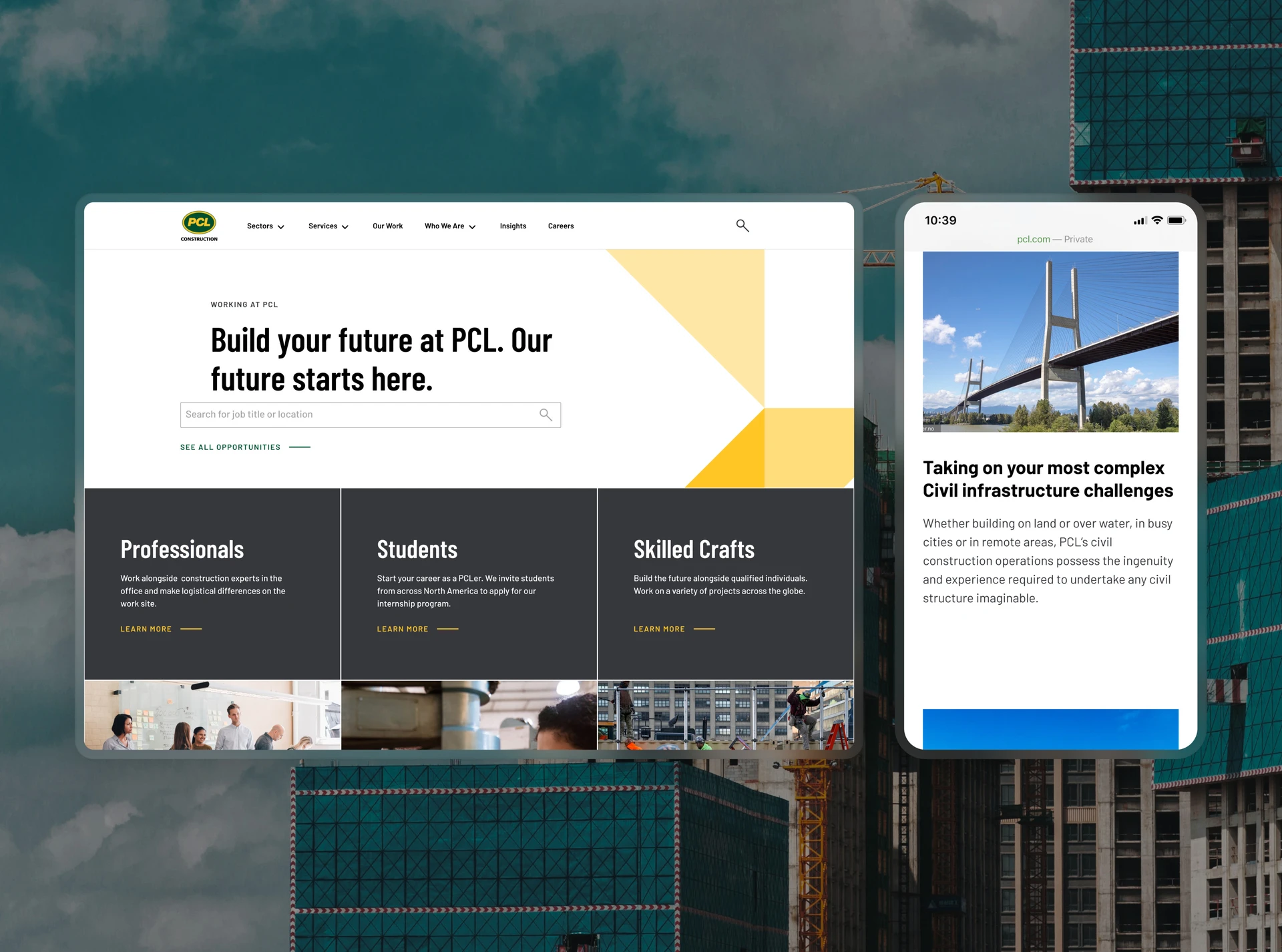 Desktop and phone mockups of the PCL careers site over a construction-site backdrop