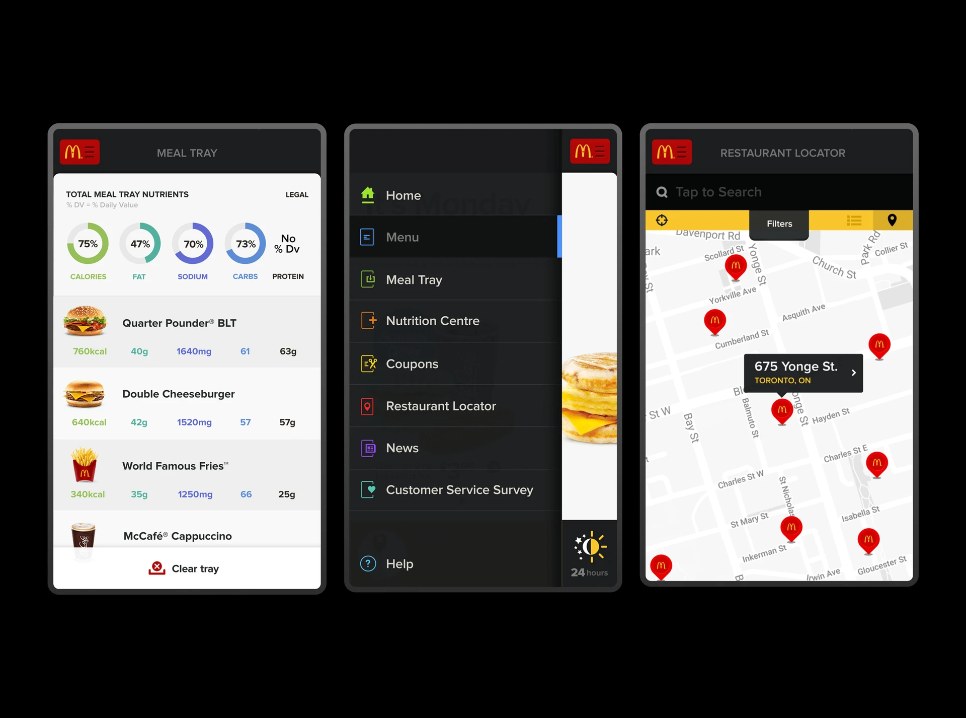 Three app screens: a meal-tray nutrition tracker, the navigation menu, and a restaurant locator map