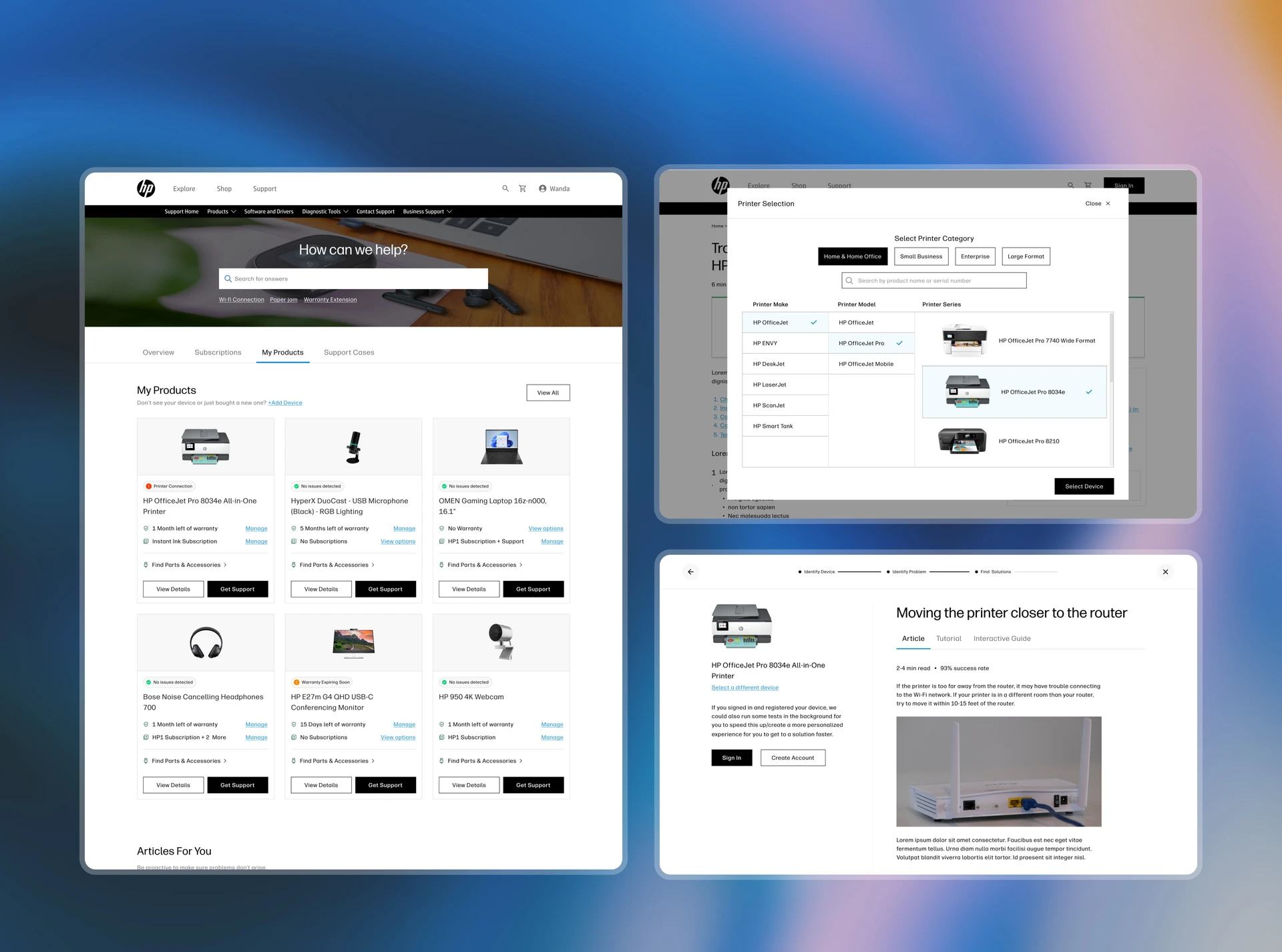 Desktop and tablet mockups of the HP support site showing the help search, product list and printer selection