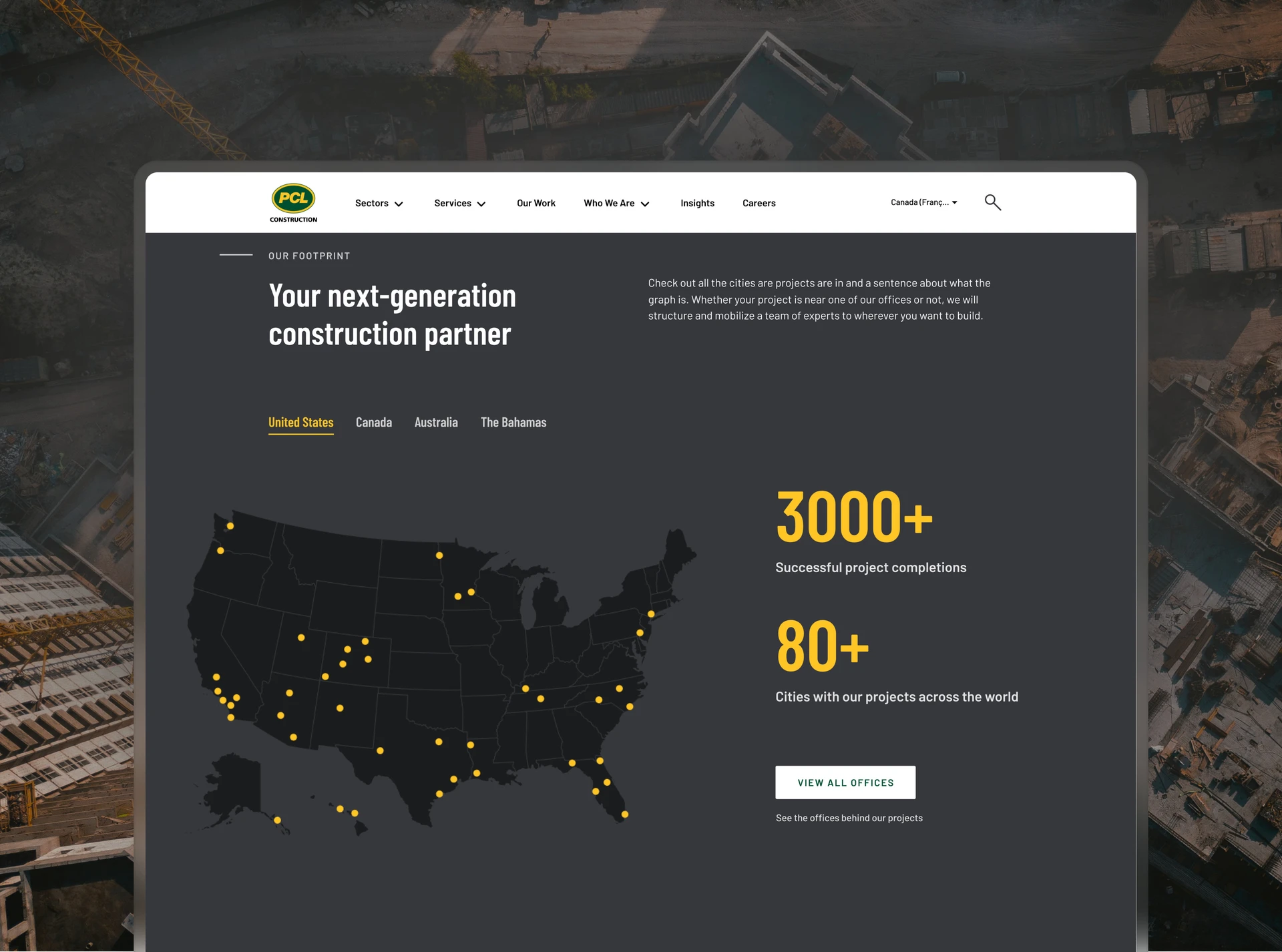Desktop browser showing PCL’s global footprint page with a US map and project stats