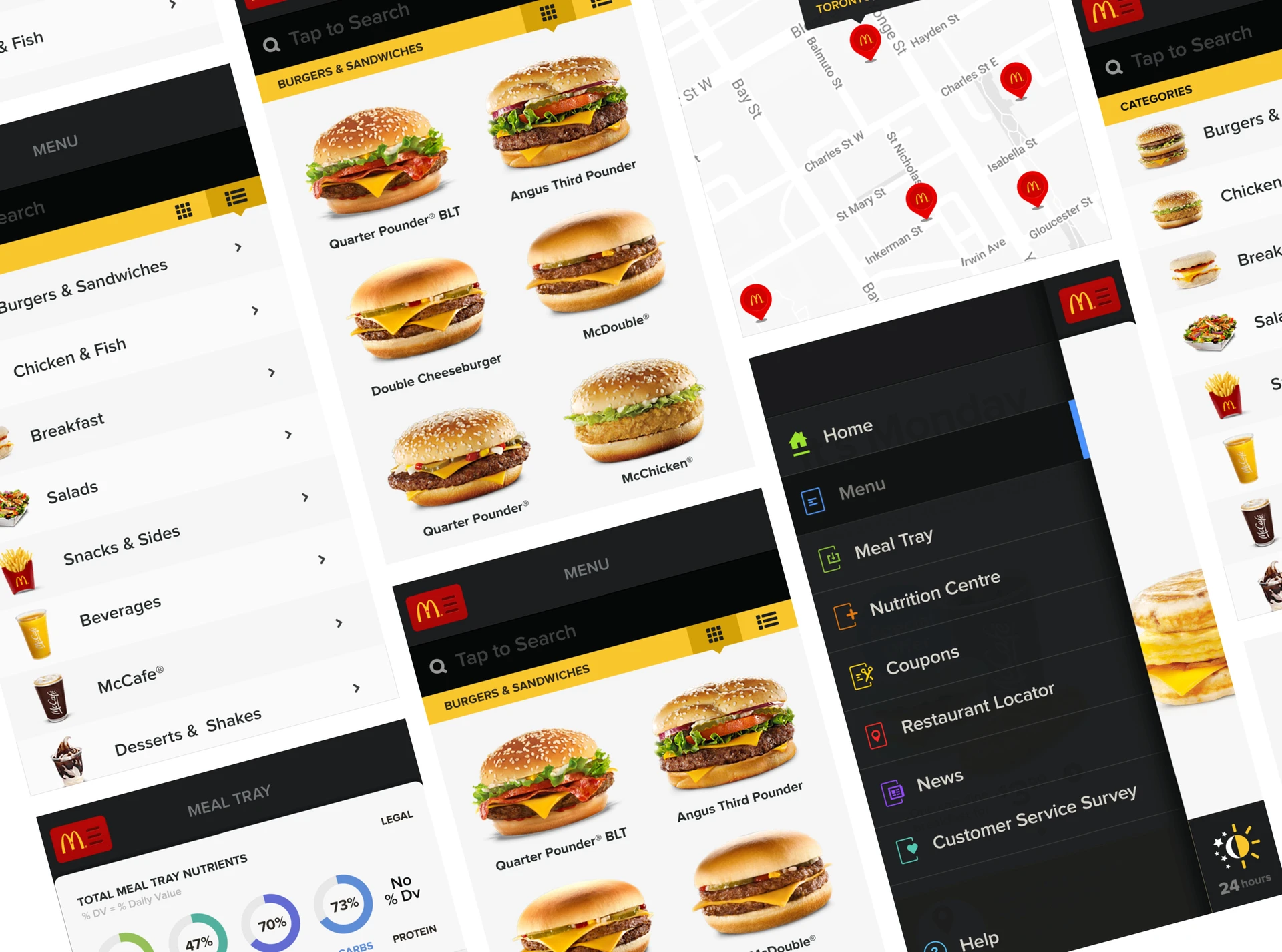 Collage of app screens showing menu categories, burger listings, navigation and the nutrition tray