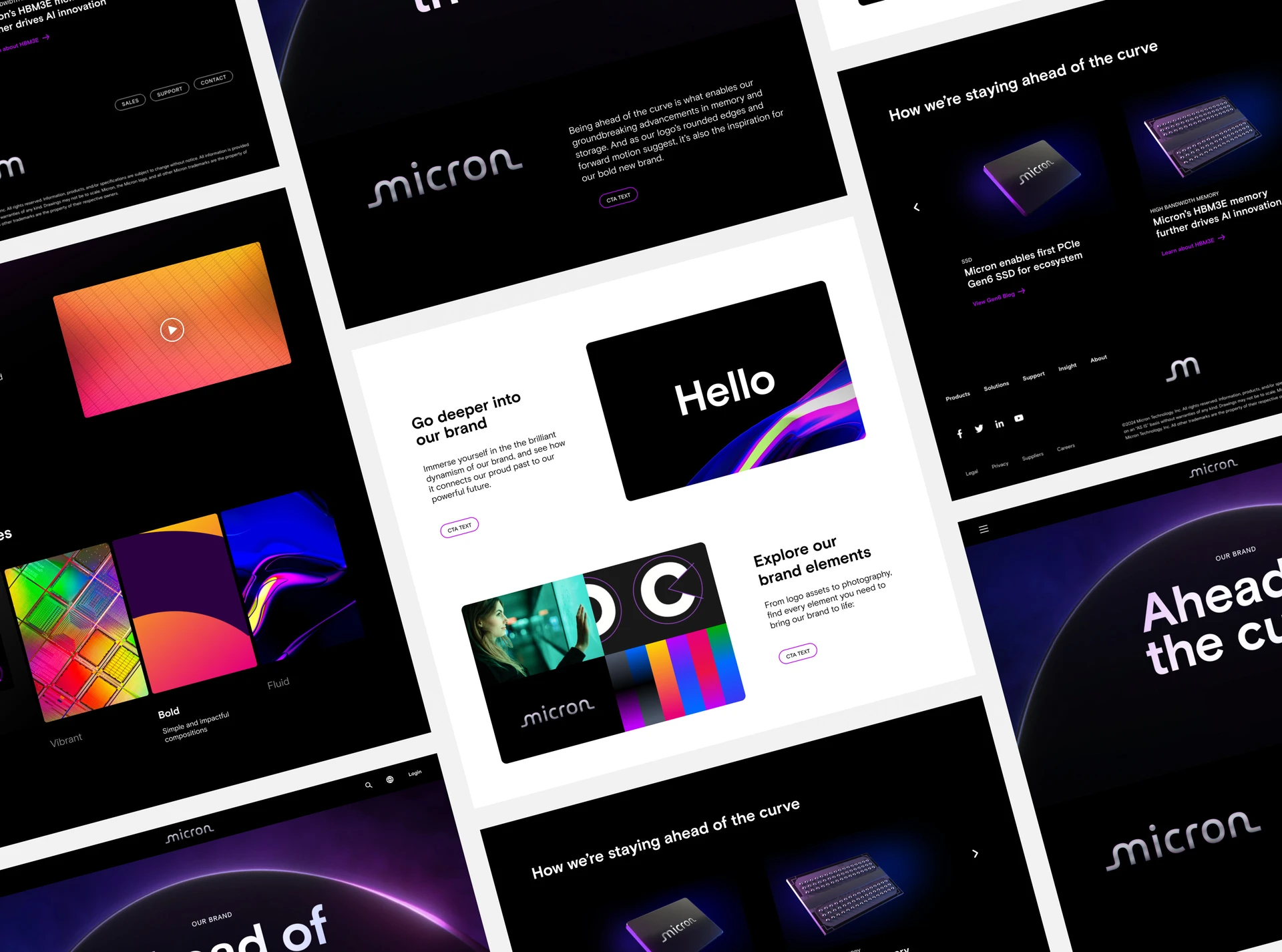 Angled collage of Micron announcement-site screens, including the “Go deeper into our brand” and “Ahead of the curve” pages
