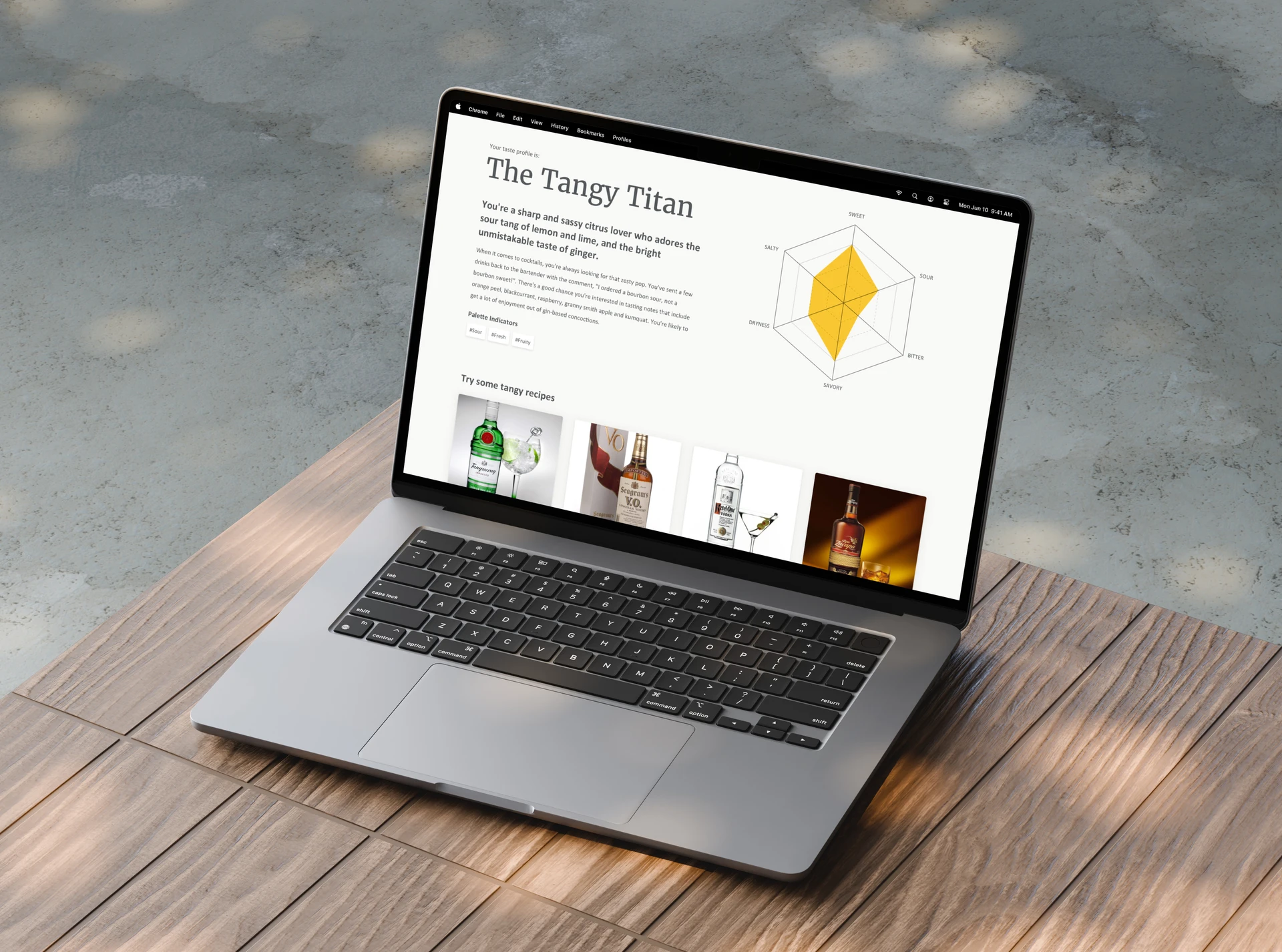 Laptop on a deck showing an Alchemy taste-profile page with a flavour radar chart and recipe suggestions