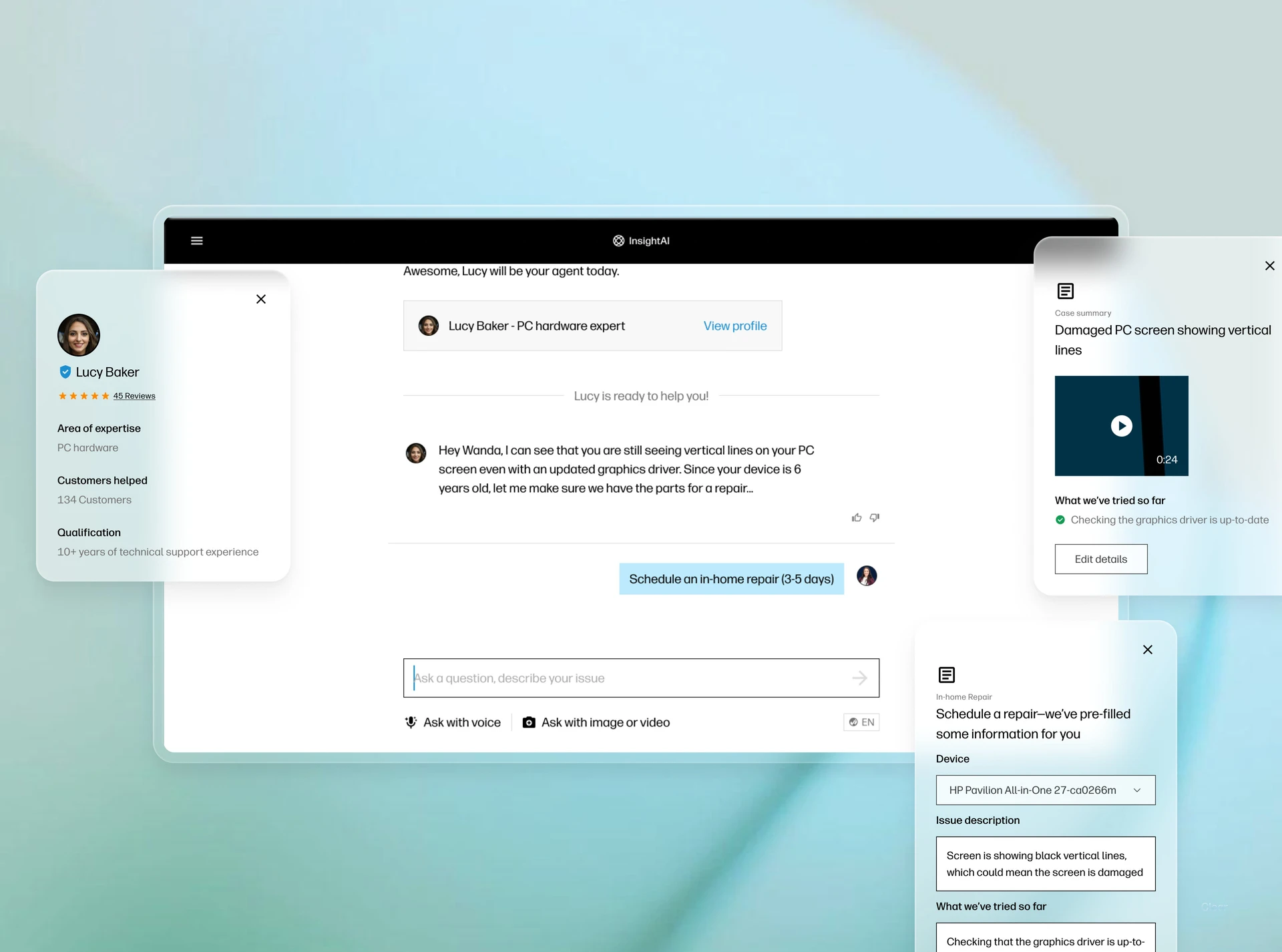 Desktop and tablet mockups of the HP InsightAI chat connecting a customer with a human hardware expert