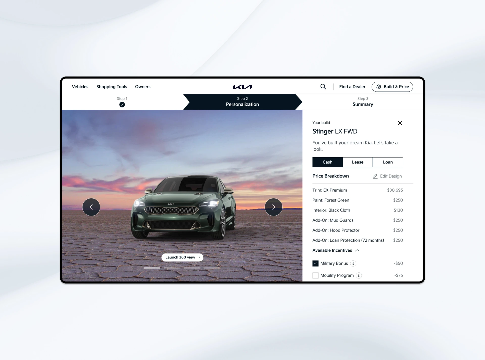 Desktop view of the Kia Build & Price configurator showing a Stinger summary with price breakdown