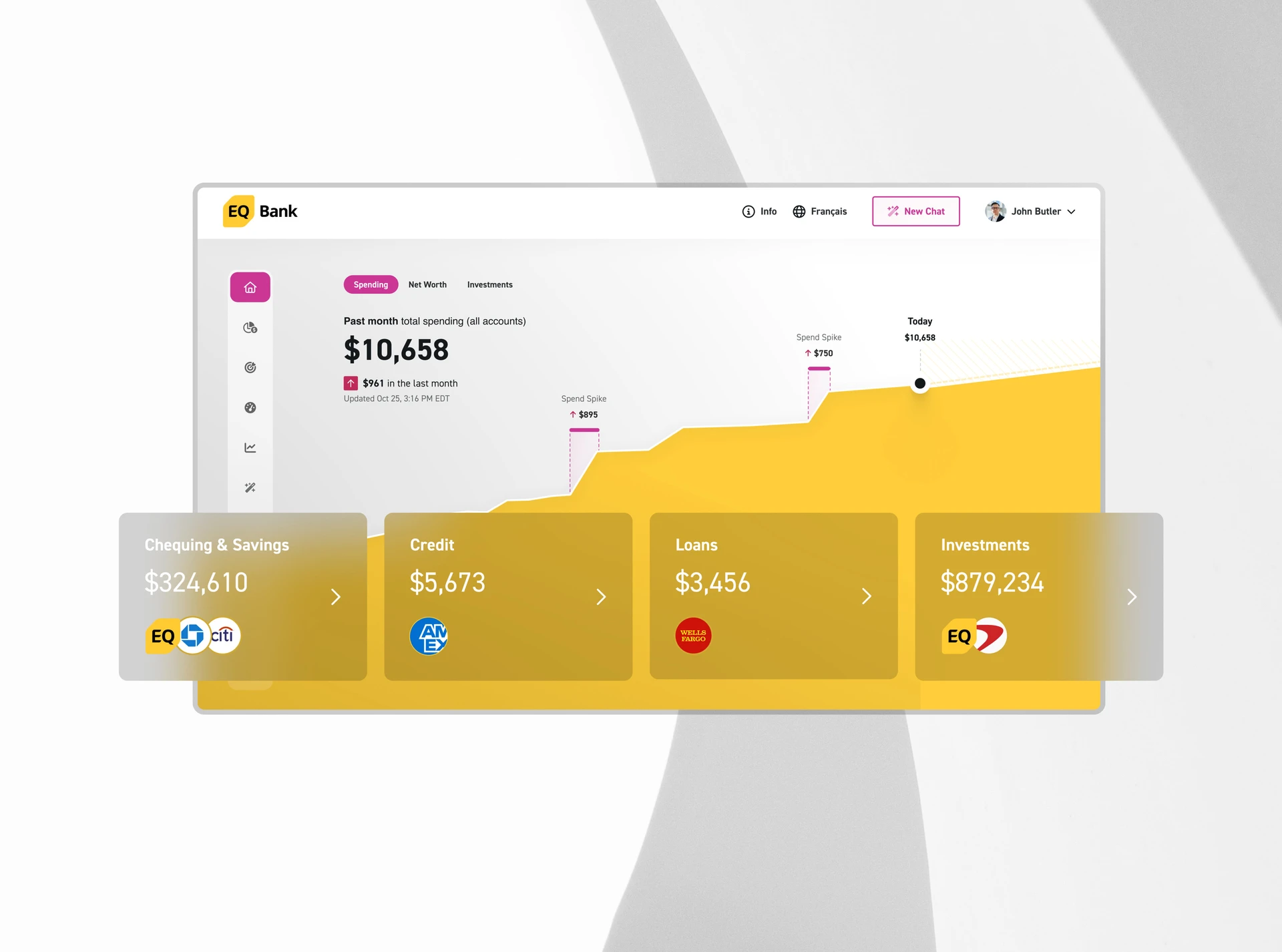 EQ Bank desktop dashboard with a spending chart and account tiles for chequing, credit, loans and investments