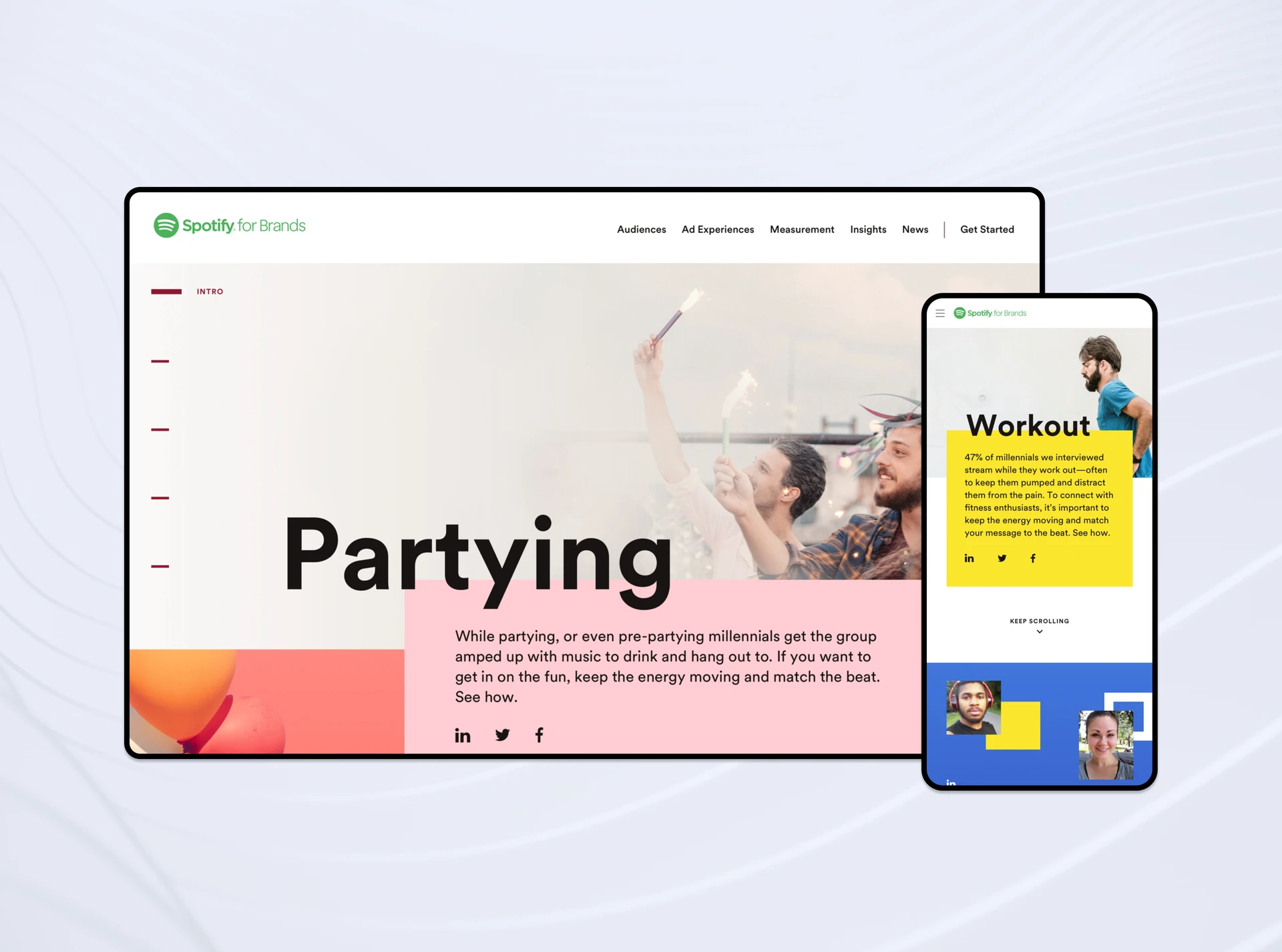 Desktop and phone mockups of the Spotify for Brands “Partying” page side by side