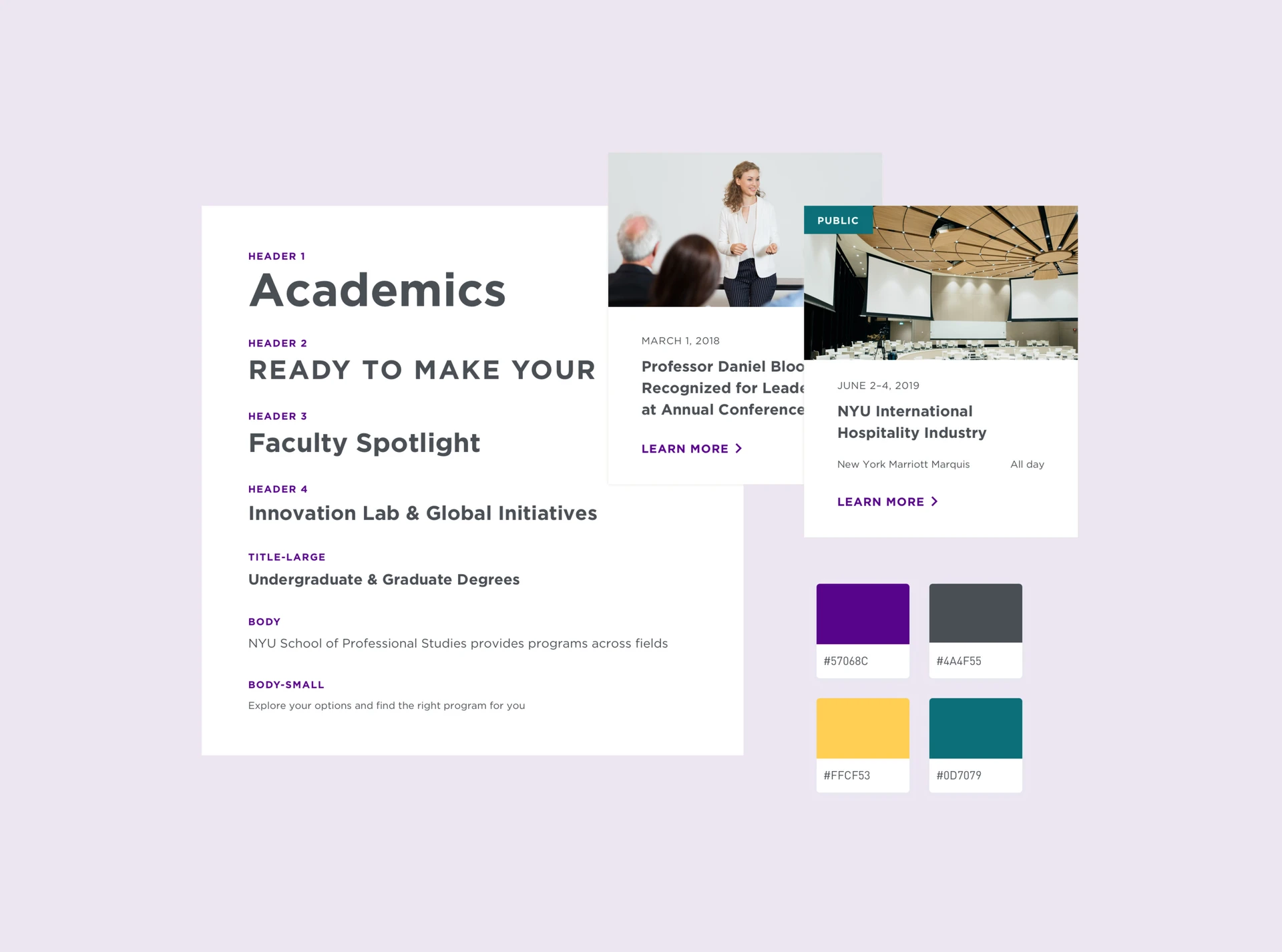 Design system board with typographic styles, event cards and the NYU colour palette