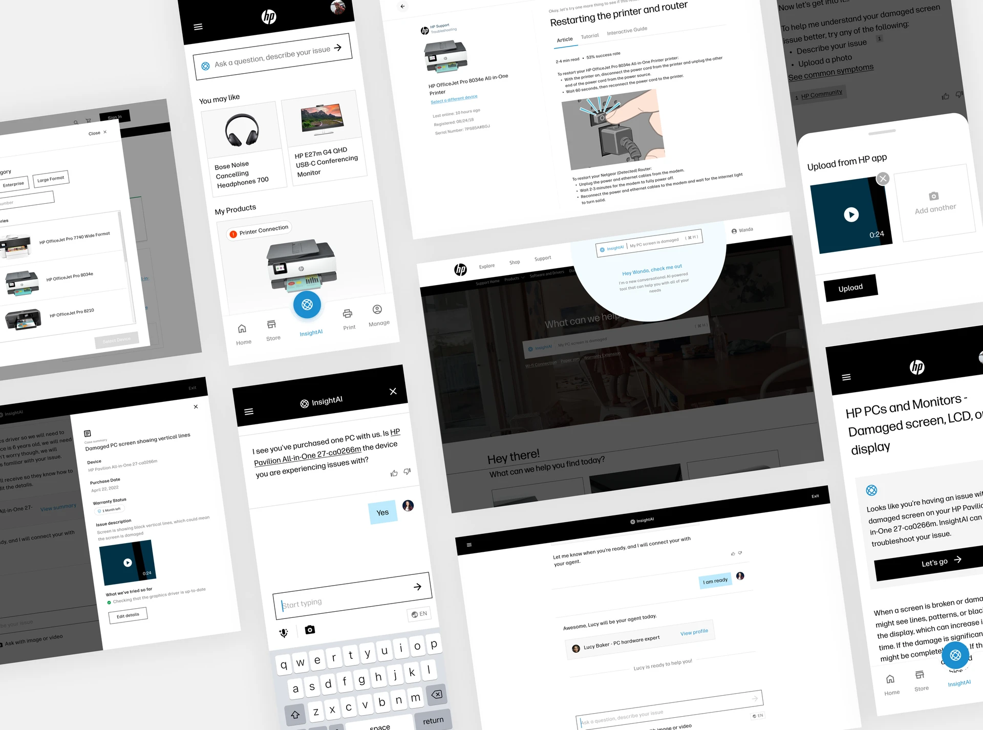 Collage of HP support and InsightAI screens across desktop and mobile