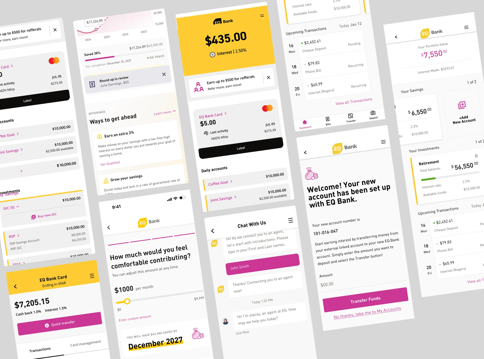 Collage of EQ Bank app screens for cards, savings goals, support chat and new-account setup