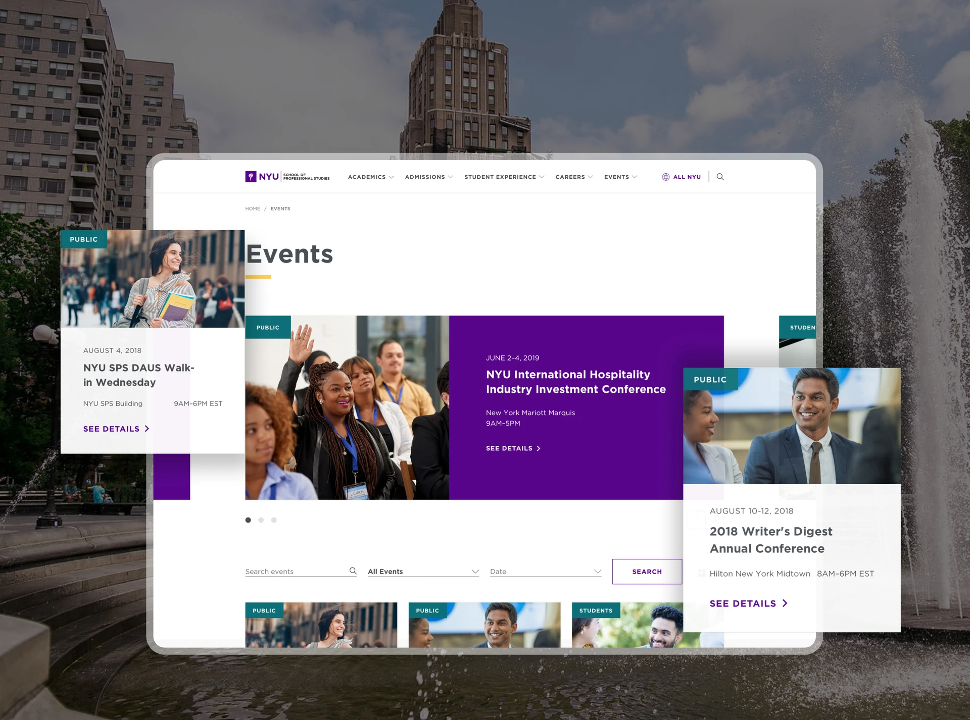 Tablet showing the NYU School of Professional Studies events page over a Washington Square Park backdrop