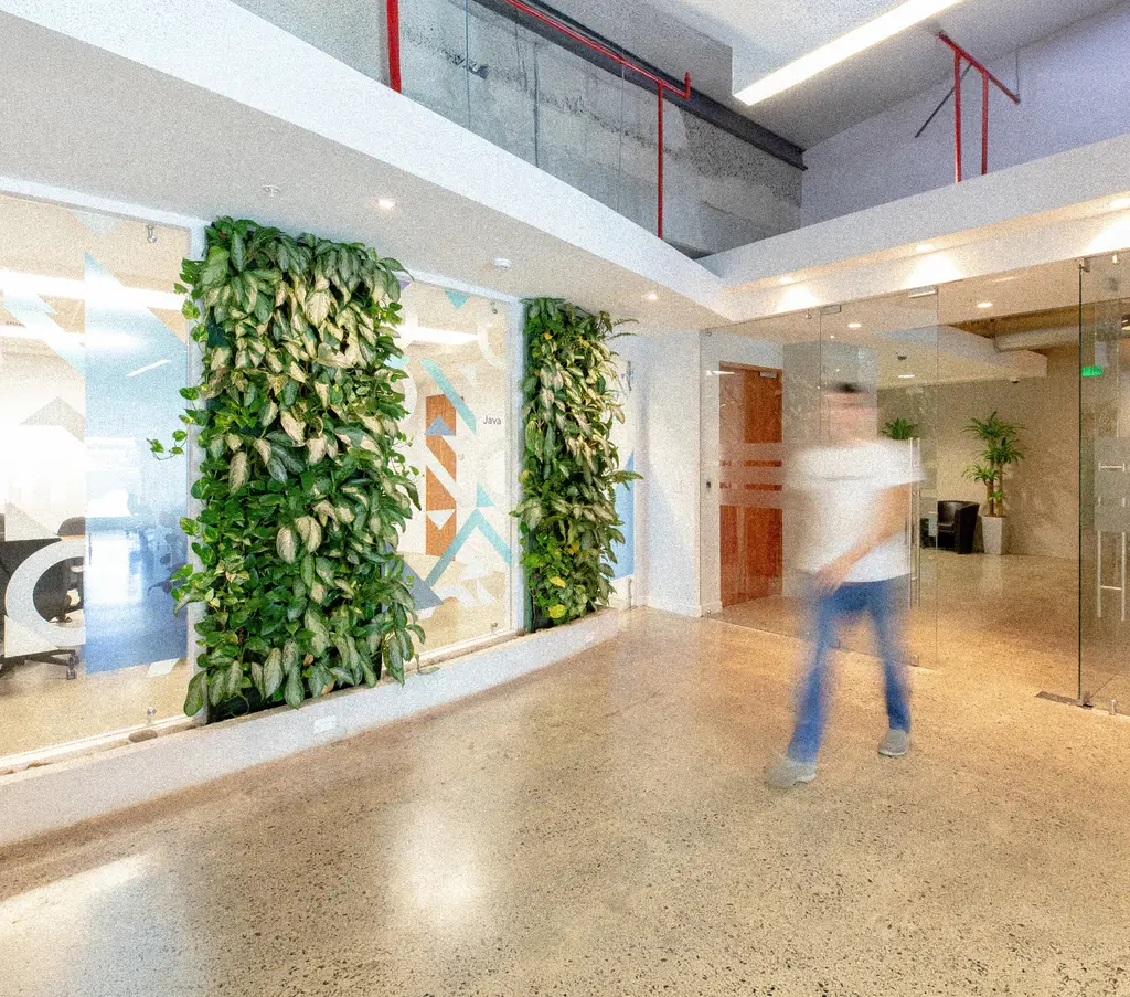 Konrad’s San José office lobby with a living green plant wall and a person walking past
